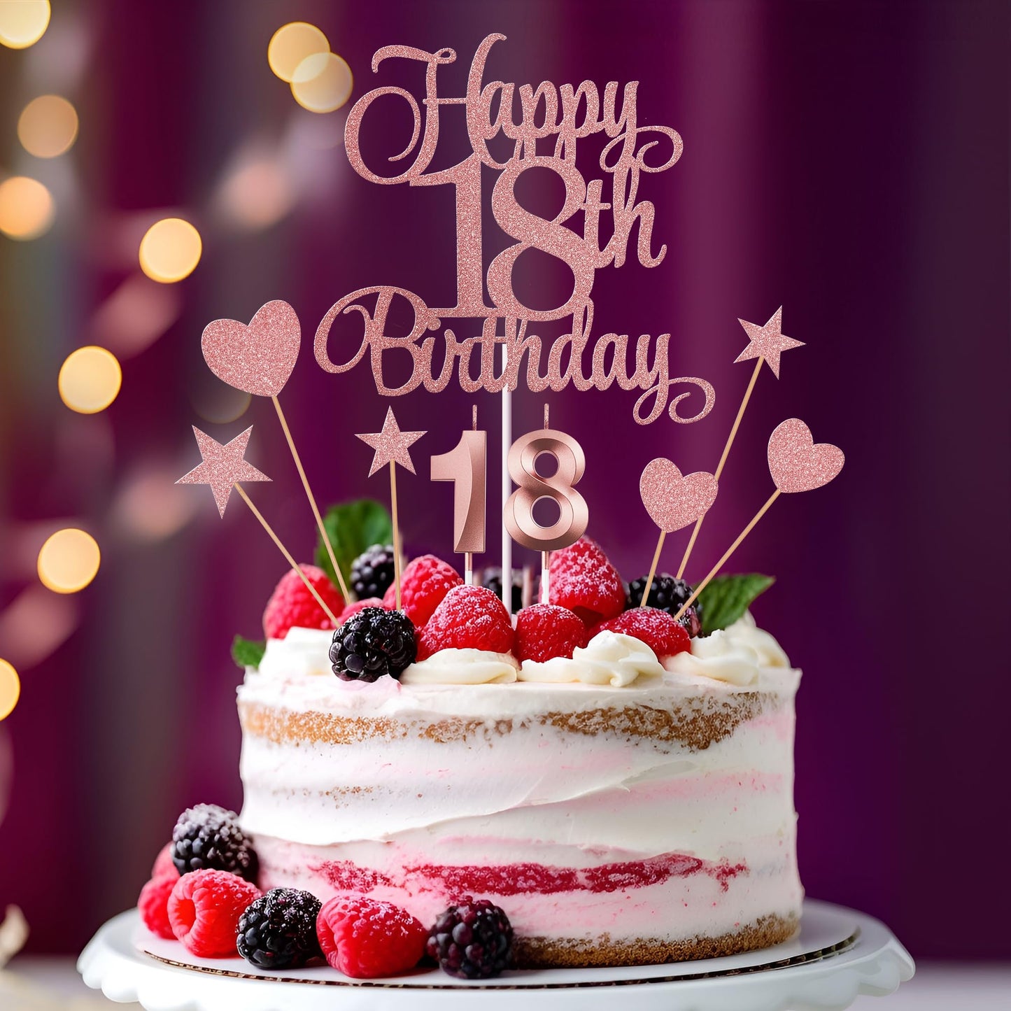 Lecferrarc 18th Birthday Cake Decorations – Glitter Happy 18th Birthday Toppers & Numeral Candles Set (Rose Gold)