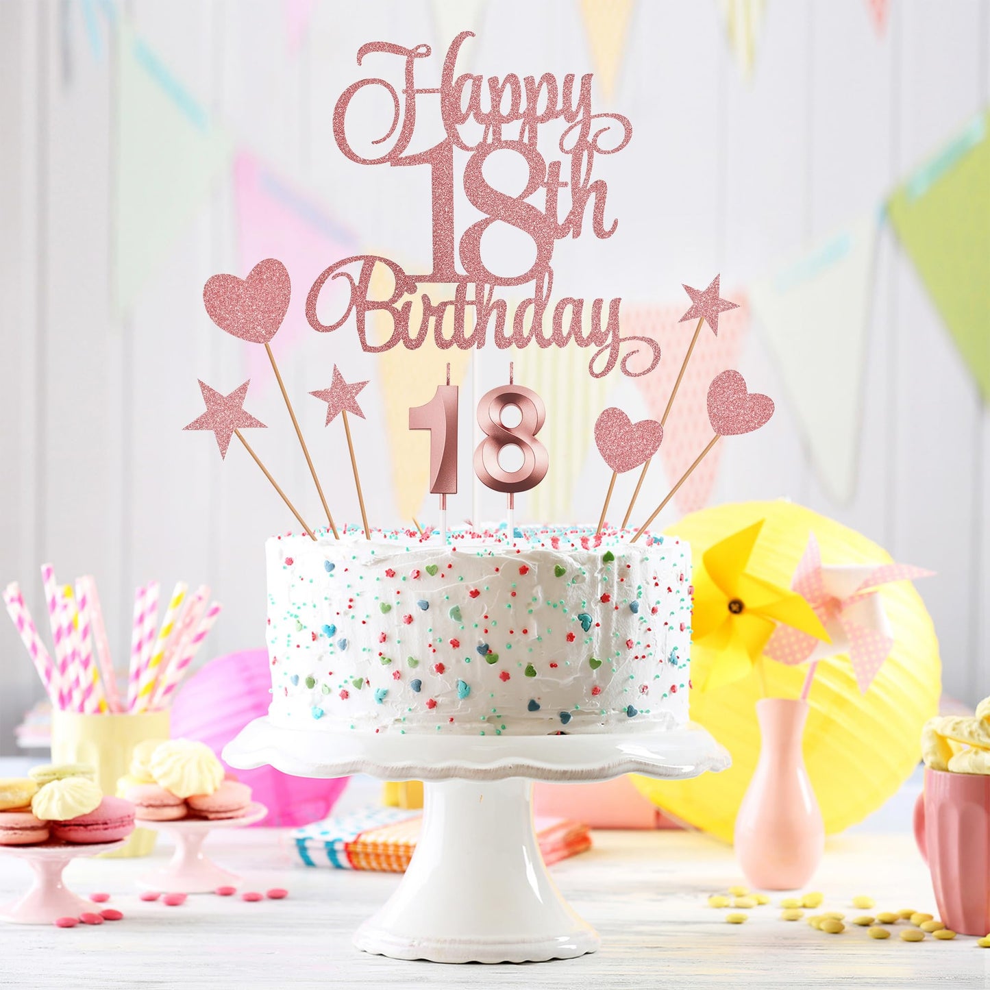 Lecferrarc 18th Birthday Cake Decorations – Glitter Happy 18th Birthday Toppers & Numeral Candles Set (Rose Gold)