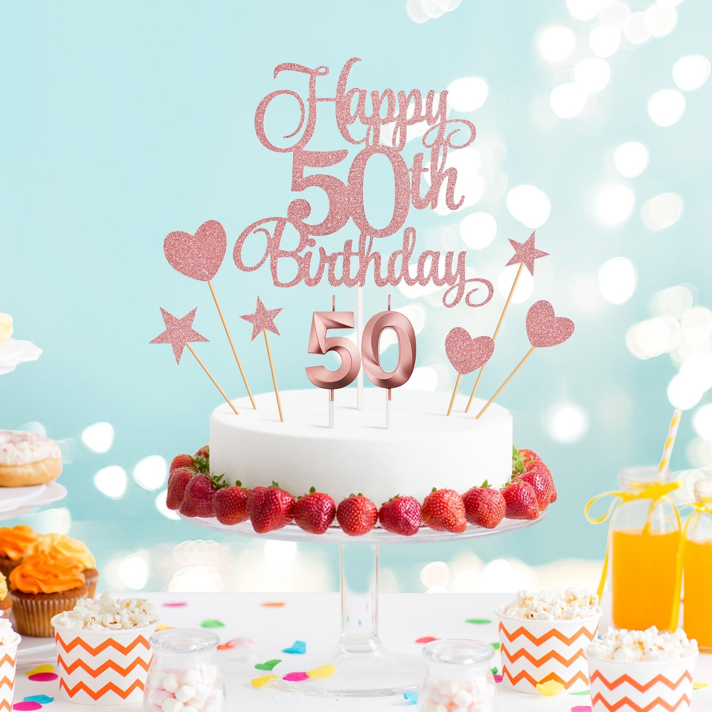 Lecferrarc 50th Birthday Cake Decorations – Glitter Rose Gold Toppers, Numeral Candles & Party Set