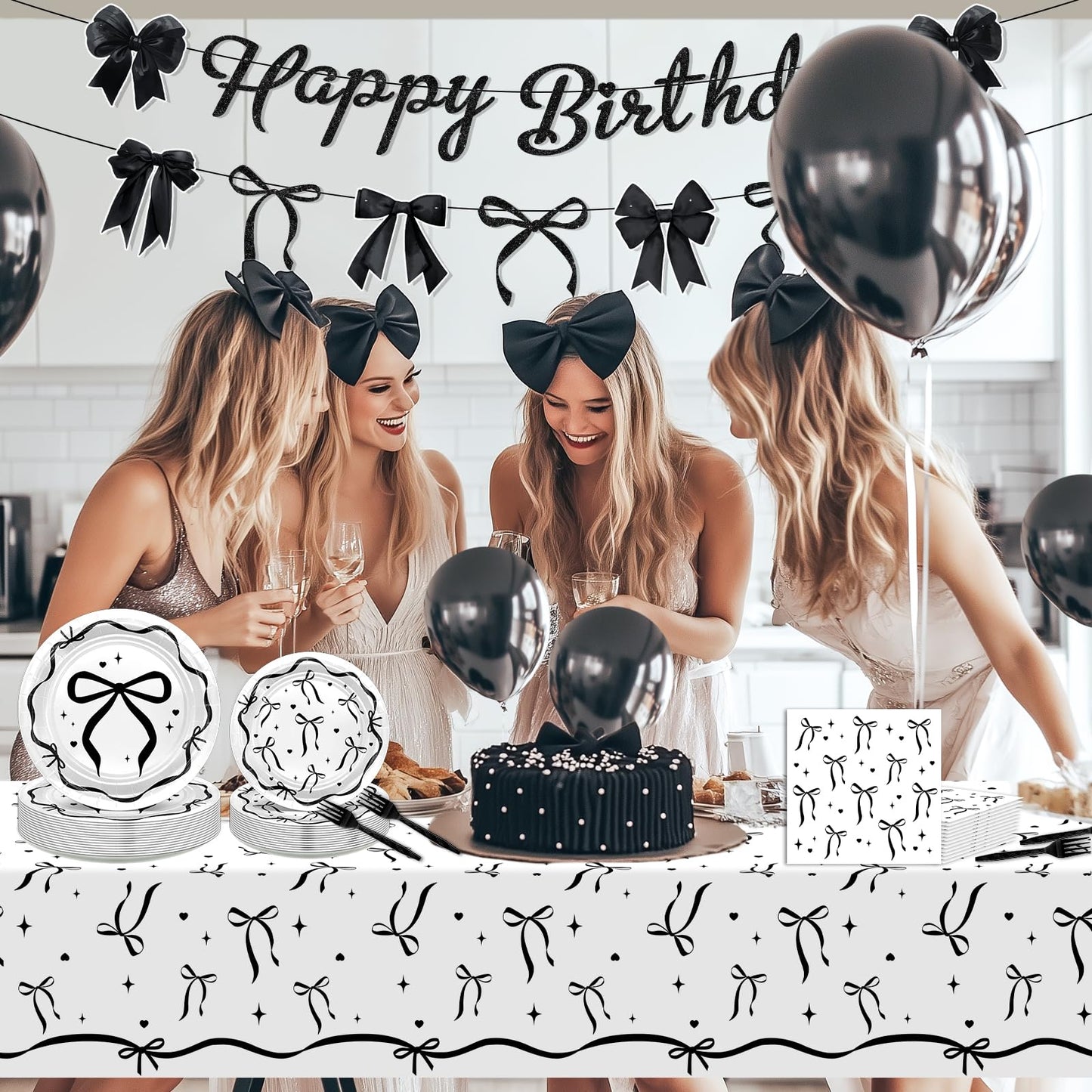 Lecheme Black Bow Birthday Decorations Kit | Elegant Coquette Party Supplies for 24 | Plates, Napkins, Banner & Tablecloth