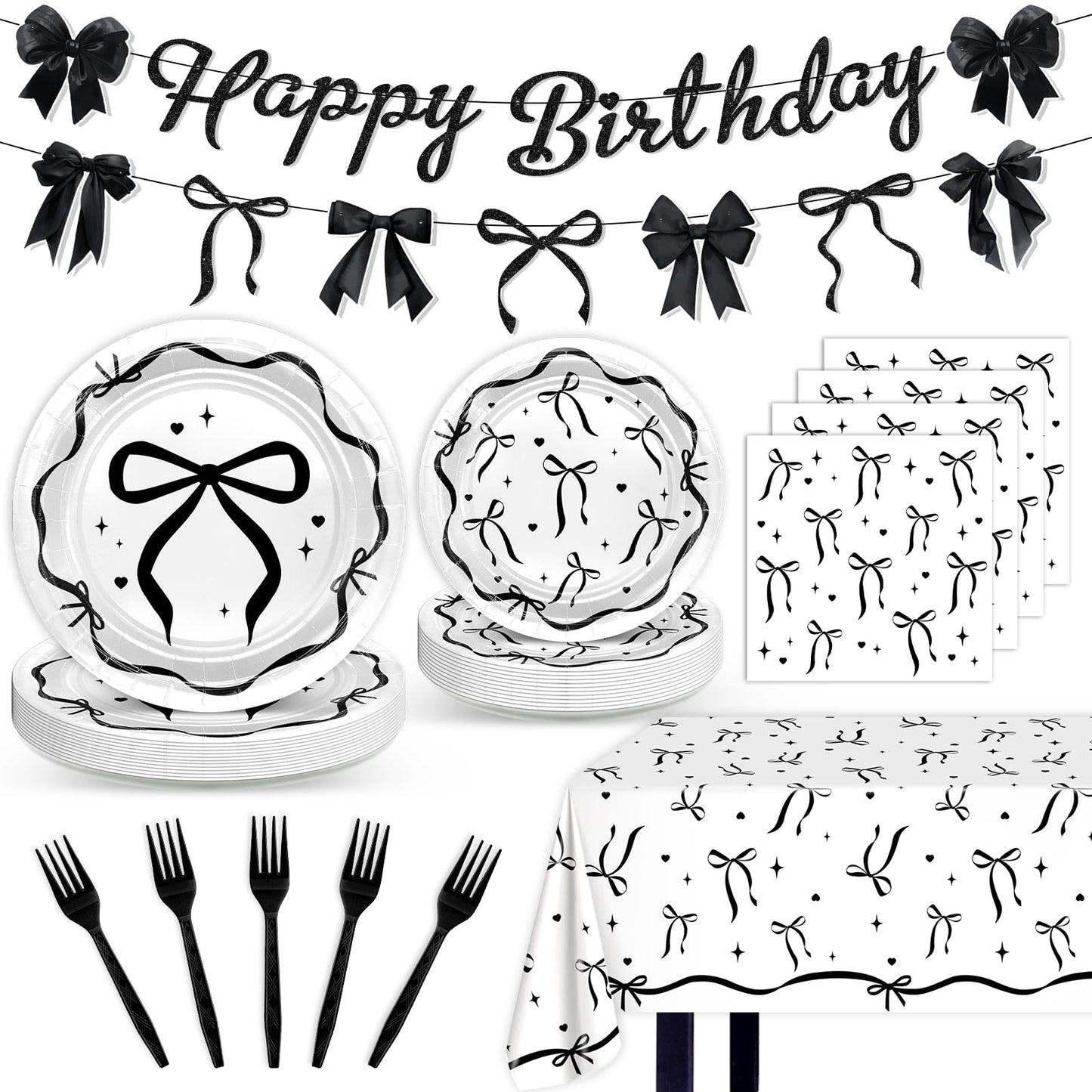 Lecheme Black Bow Birthday Decorations Kit | Elegant Coquette Party Supplies for 24 | Plates, Napkins, Banner & Tablecloth