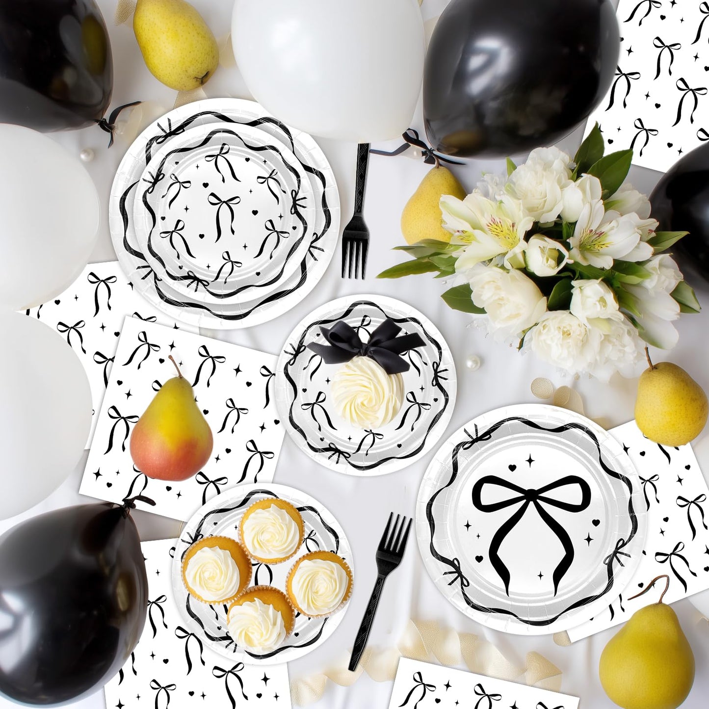 Lecheme Black Bow Birthday Decorations Kit | Elegant Coquette Party Supplies for 24 | Plates, Napkins, Banner & Tablecloth