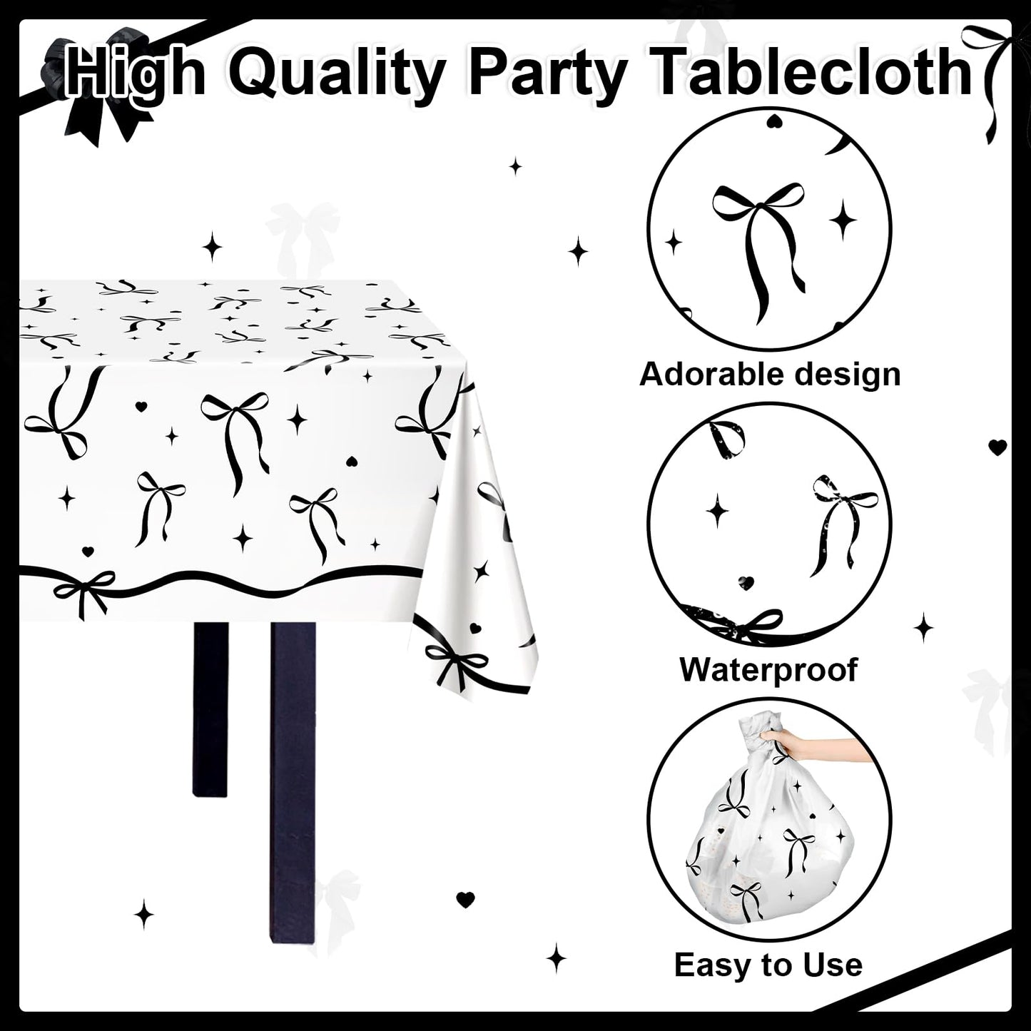 Lecheme Black Bow Birthday Decorations Kit | Elegant Coquette Party Supplies for 24 | Plates, Napkins, Banner & Tablecloth