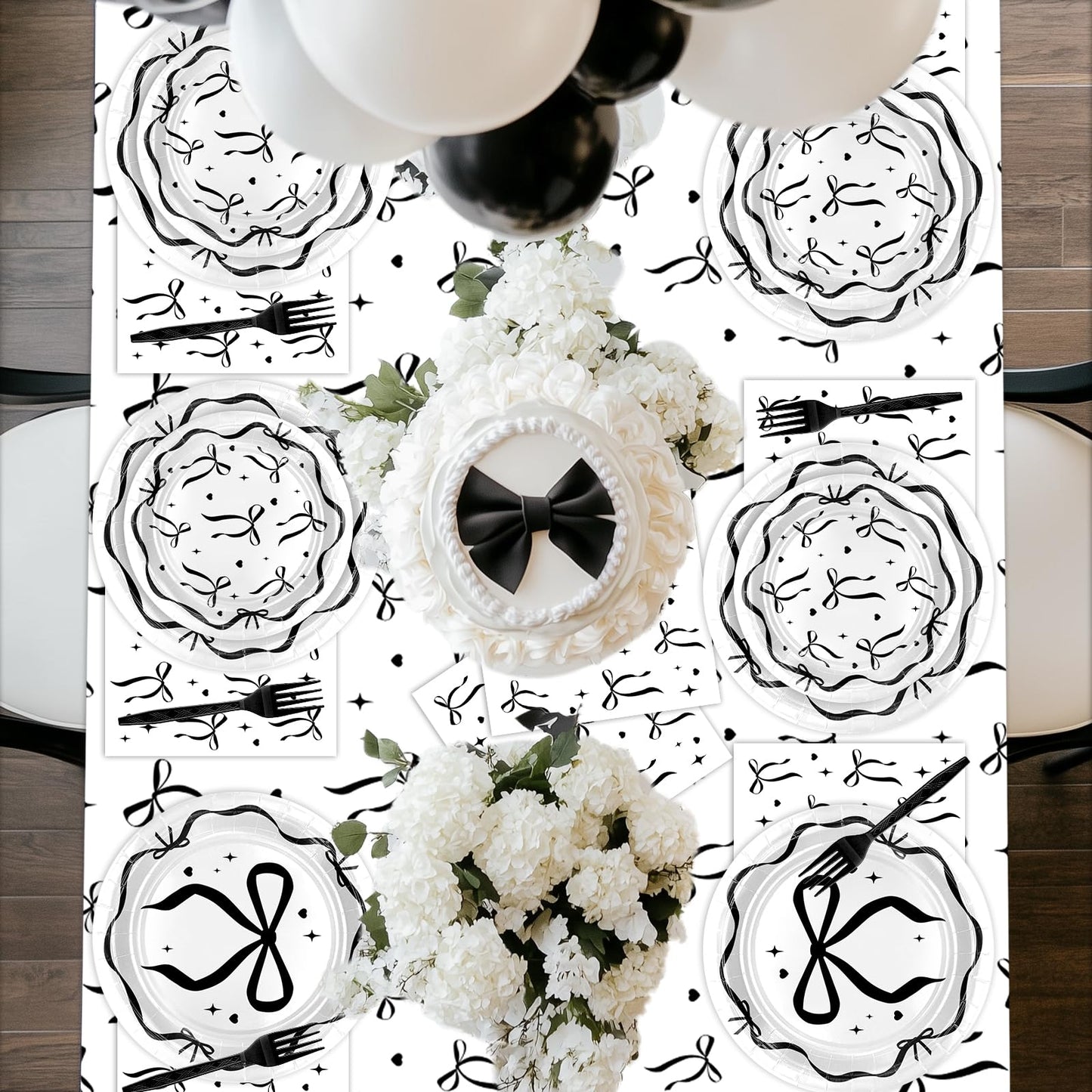 Lecheme Black Bow Birthday Decorations Kit | Elegant Coquette Party Supplies for 24 | Plates, Napkins, Banner & Tablecloth