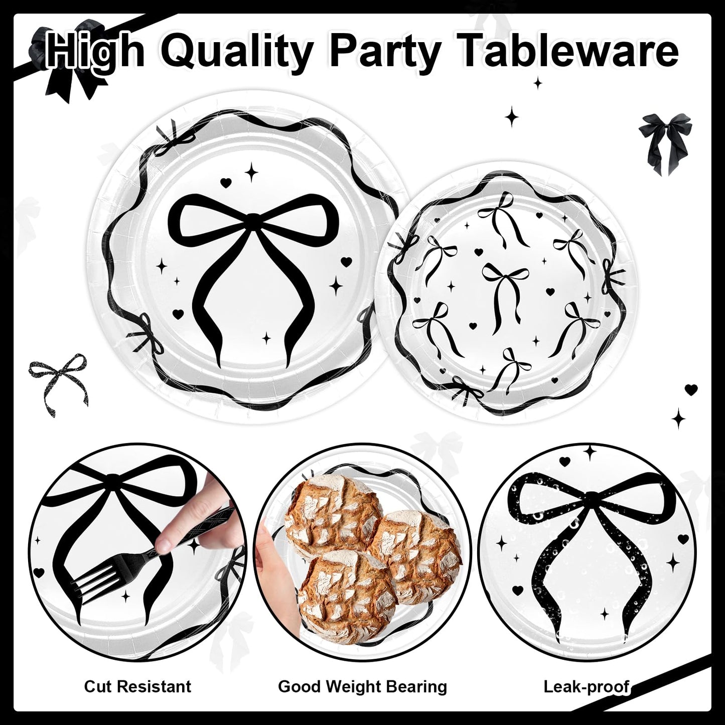 Lecheme Black Bow Birthday Decorations Kit | Elegant Coquette Party Supplies for 24 | Plates, Napkins, Banner & Tablecloth