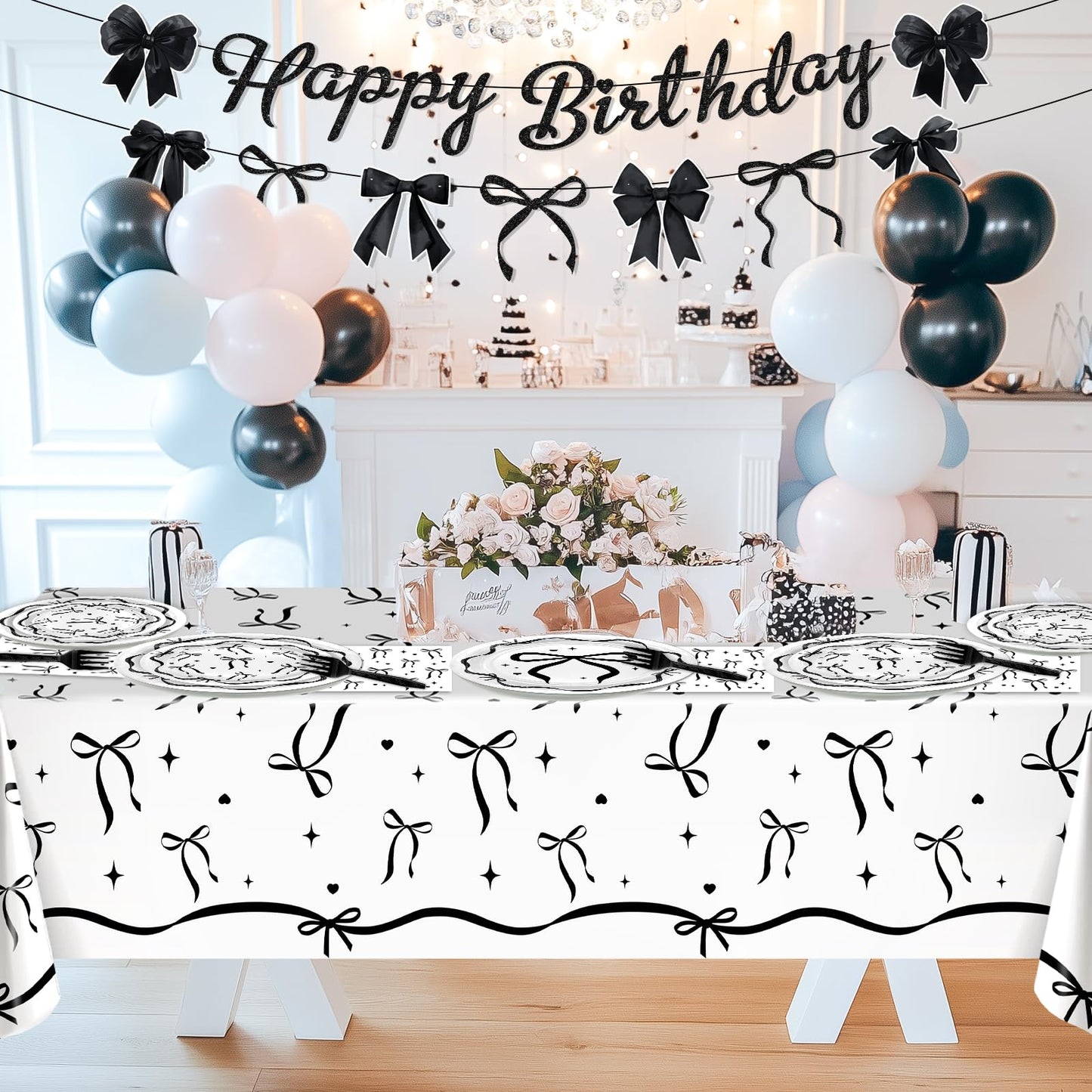 Lecheme Black Bow Birthday Decorations Kit | Elegant Coquette Party Supplies for 24 | Plates, Napkins, Banner & Tablecloth