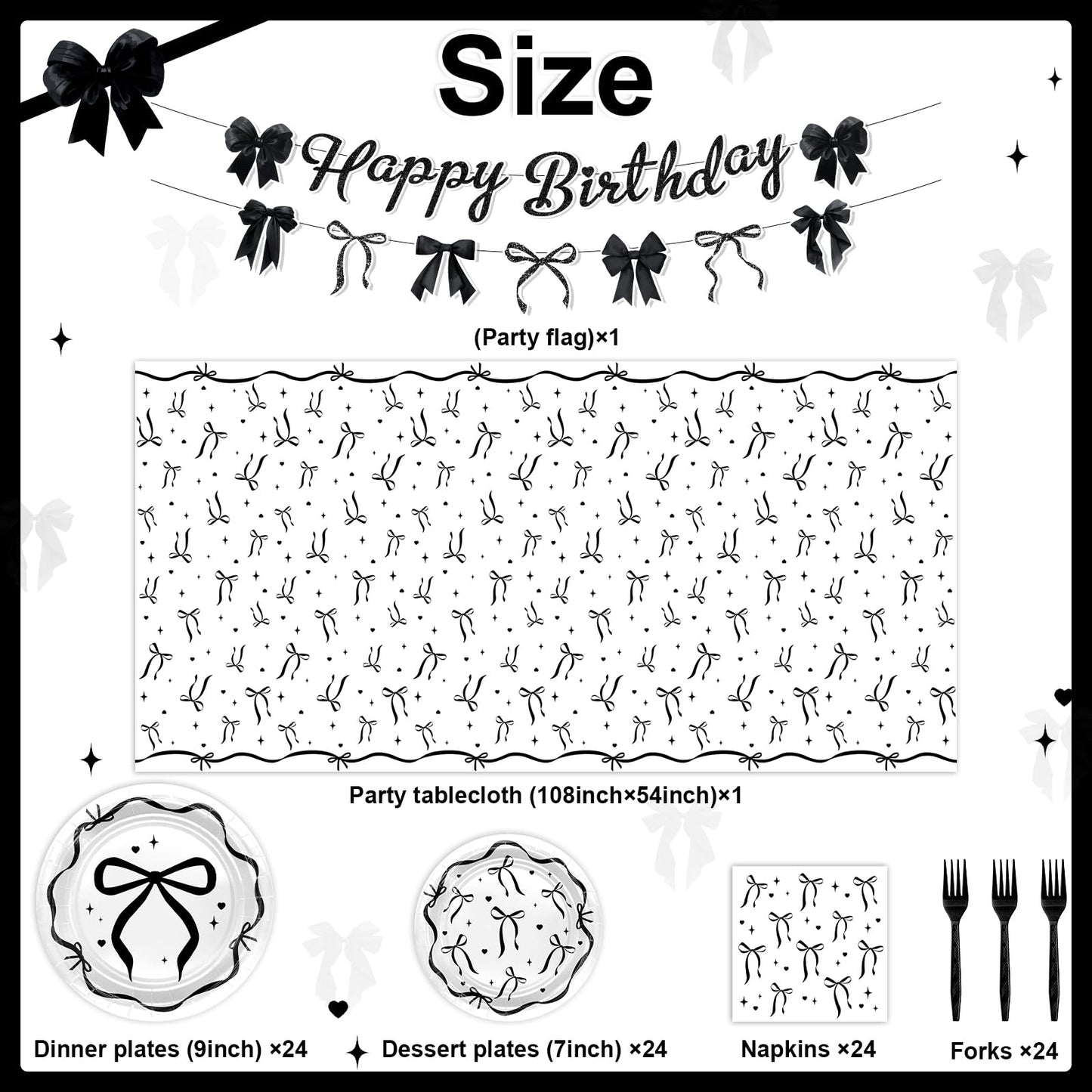 Lecheme Black Bow Birthday Decorations Kit | Elegant Coquette Party Supplies for 24 | Plates, Napkins, Banner & Tablecloth
