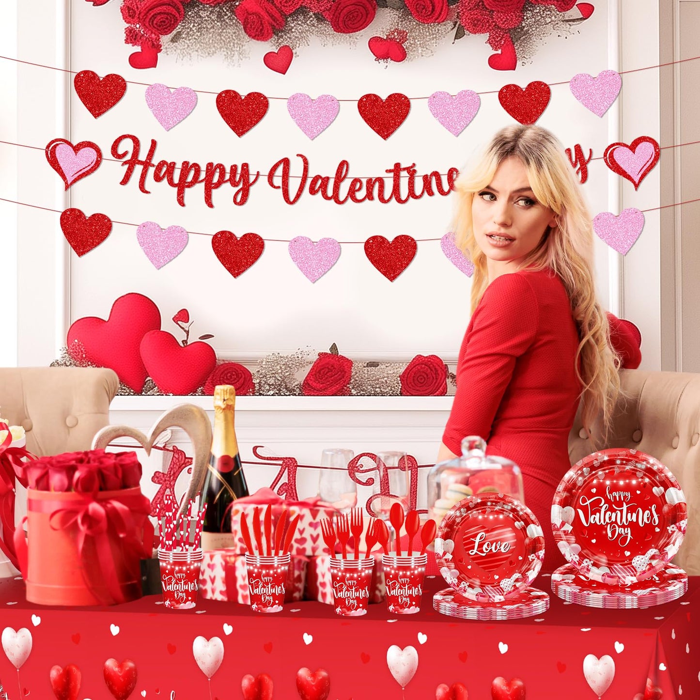 Lecheme Valentine’s Party Dinnerware Set – 192 Pcs for 24 Guests (Plates, Napkins, Cups, Table Cover & Banners)