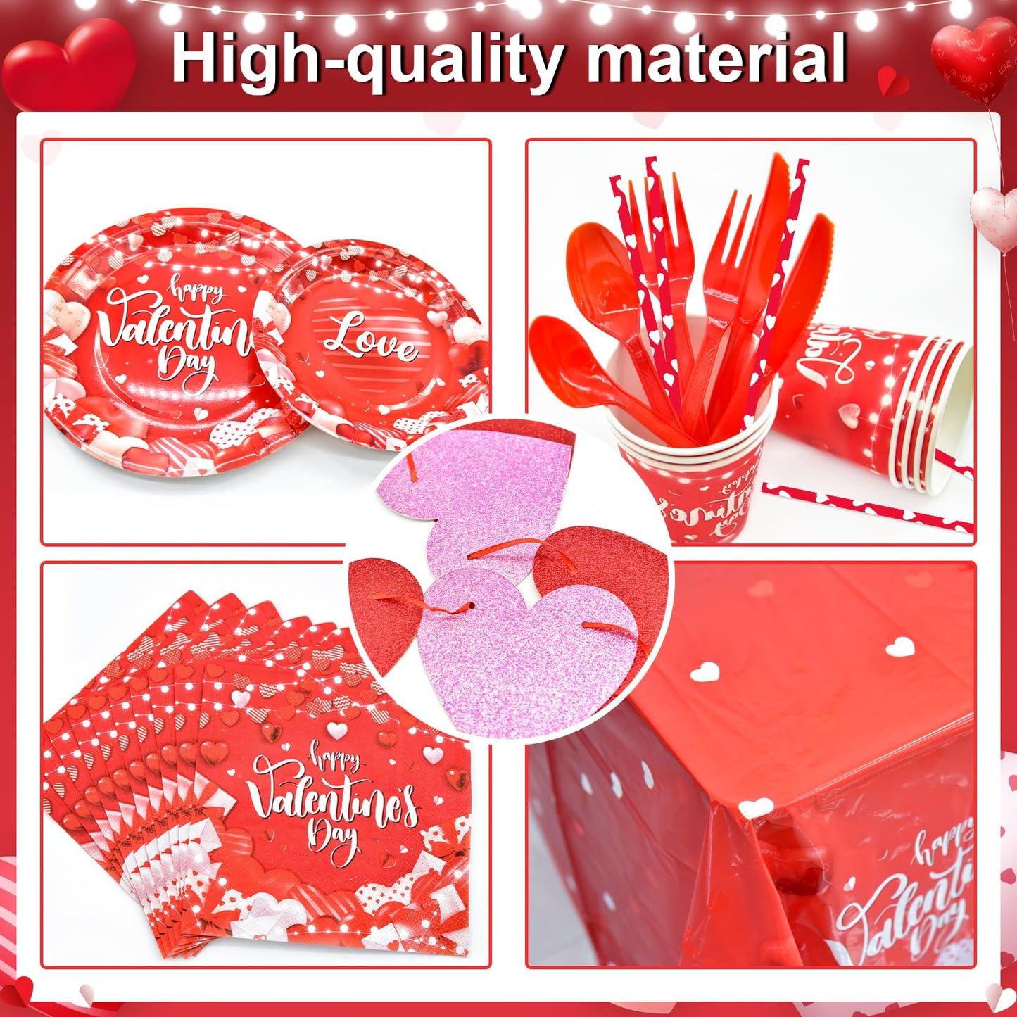 Lecheme Valentine’s Party Dinnerware Set – 192 Pcs for 24 Guests (Plates, Napkins, Cups, Table Cover & Banners)