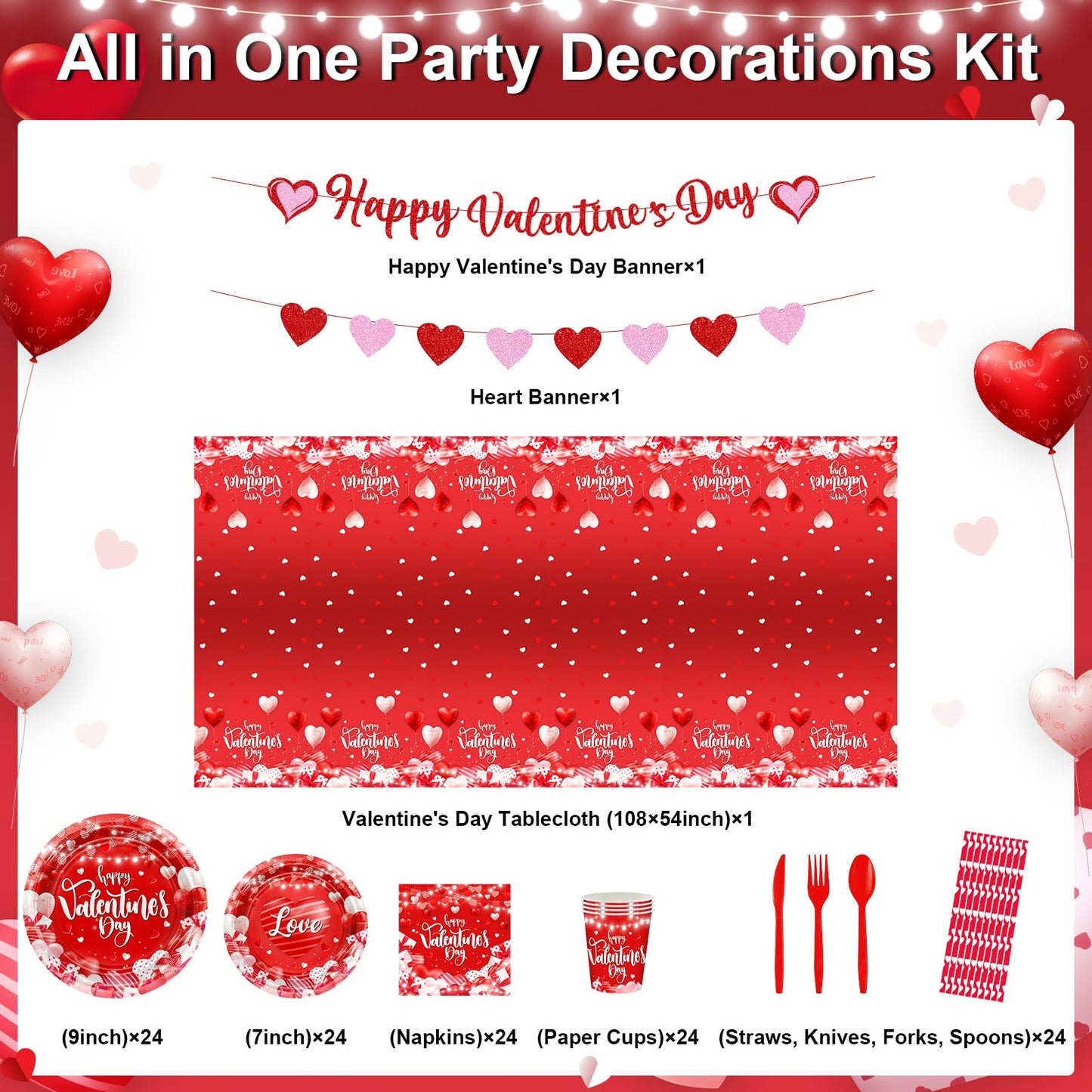 Lecheme Valentine’s Party Dinnerware Set – 192 Pcs for 24 Guests (Plates, Napkins, Cups, Table Cover & Banners)