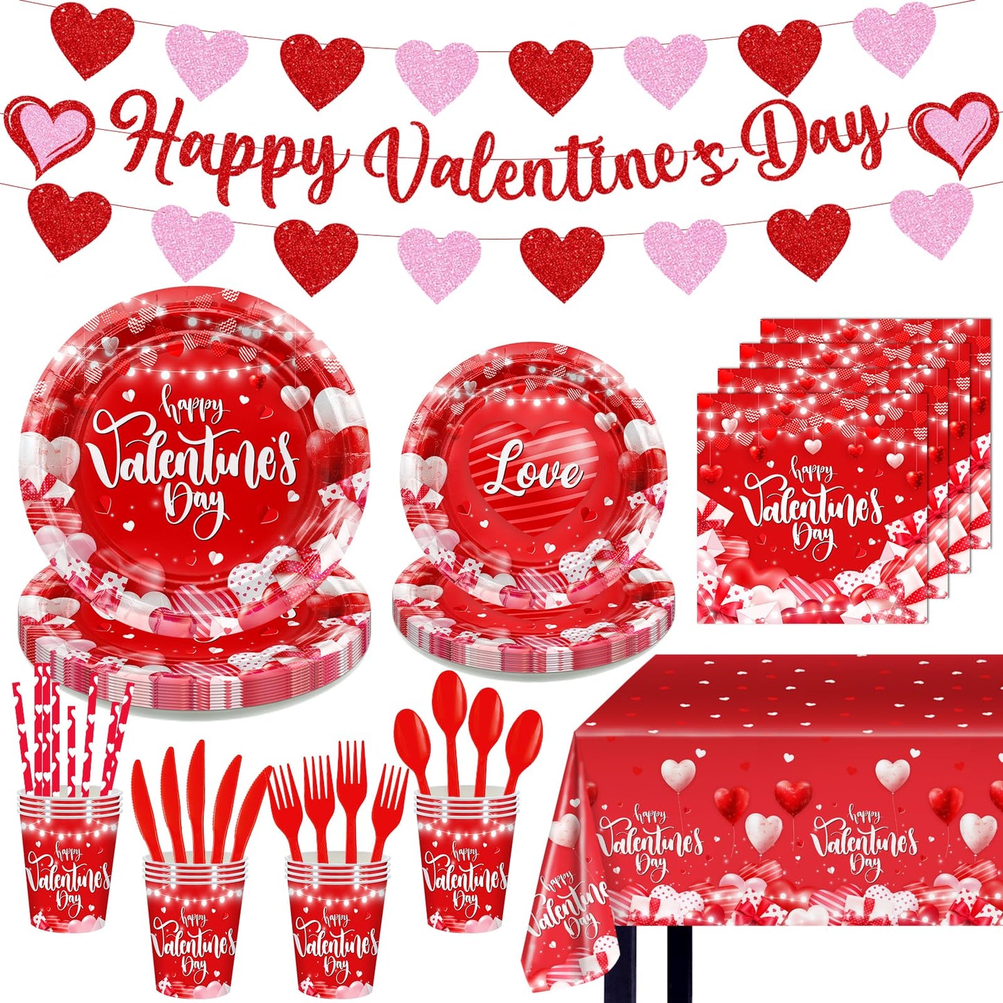 Lecheme Valentine’s Party Dinnerware Set – 192 Pcs for 24 Guests (Plates, Napkins, Cups, Table Cover & Banners)