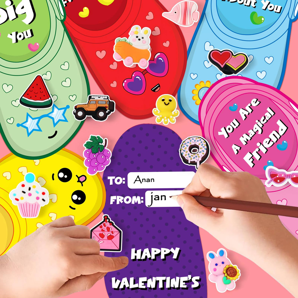 Lechidodo Valentines Day Cards for Kids — 36-Pack with Shoe Charms | Classroom Exchange Gifts