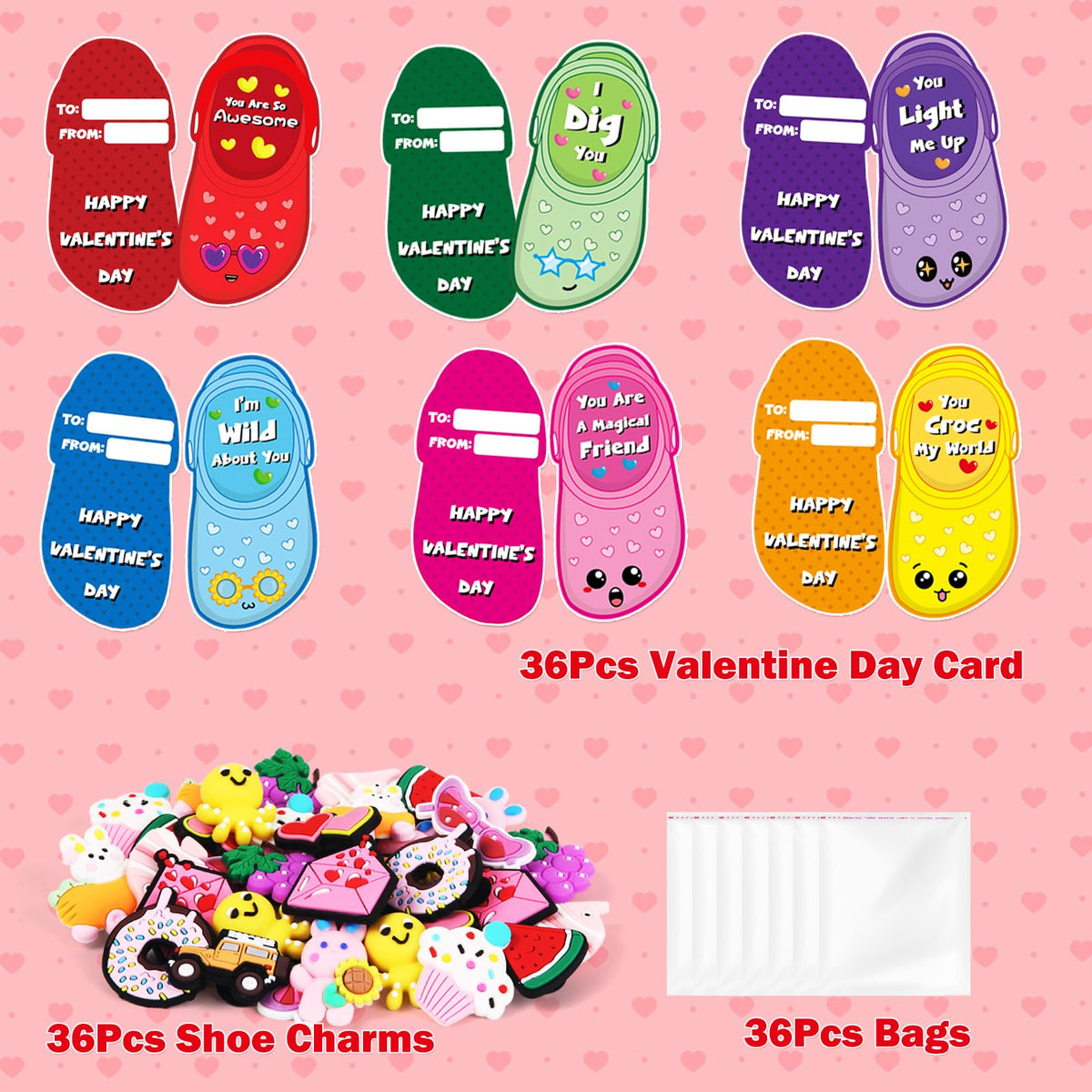 Lechidodo Valentines Day Cards for Kids — 36-Pack with Shoe Charms | Classroom Exchange Gifts