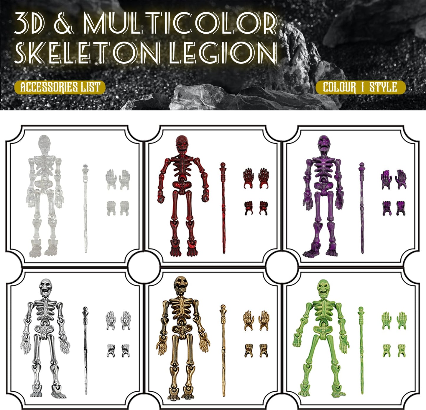 Lechonix 6 Pack T13 Skeleton Action Figures with Scepter and Dual Hands | Multi-Jointed DIY Assembly