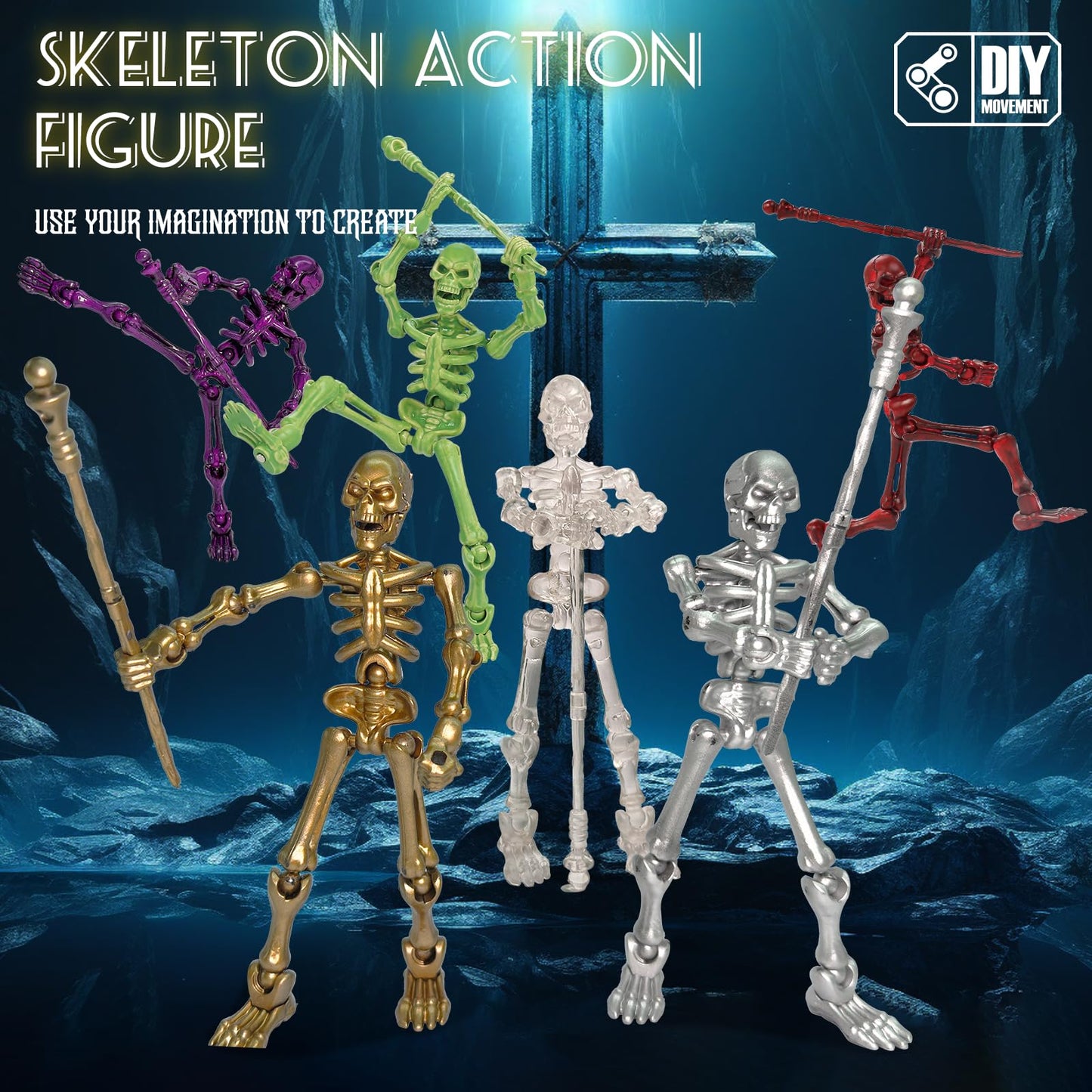 Lechonix 6 Pack T13 Skeleton Action Figures with Scepter and Dual Hands | Multi-Jointed DIY Assembly