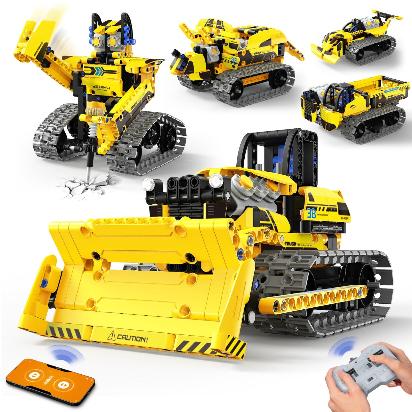 LECPOP 5-in-1 STEM Robot Building Kit, 452 PCS, App & RC Bulldozer Toy for Kids 8-14