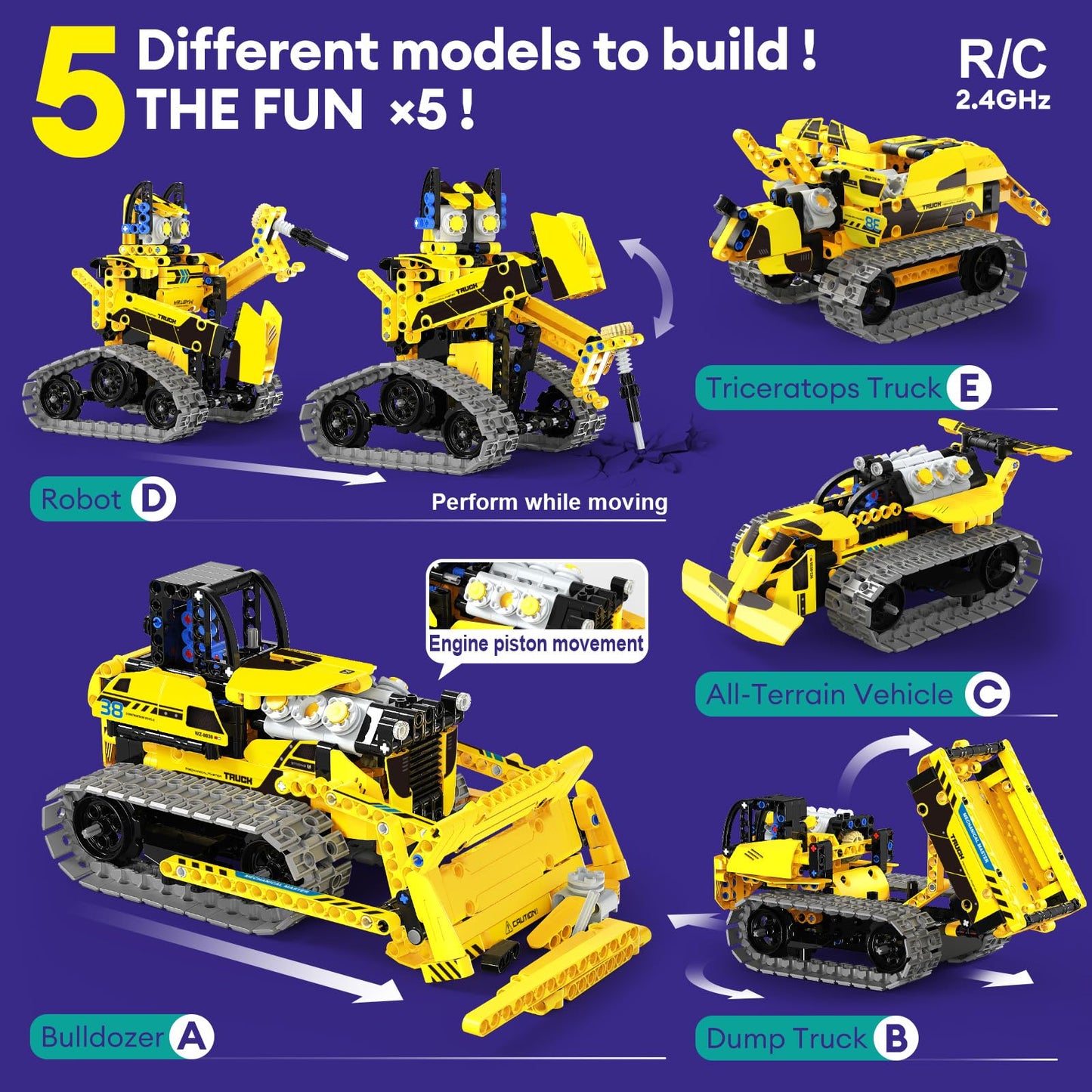LECPOP 5-in-1 STEM Robot Building Kit, 452 PCS, App & RC Bulldozer Toy for Kids 8-14