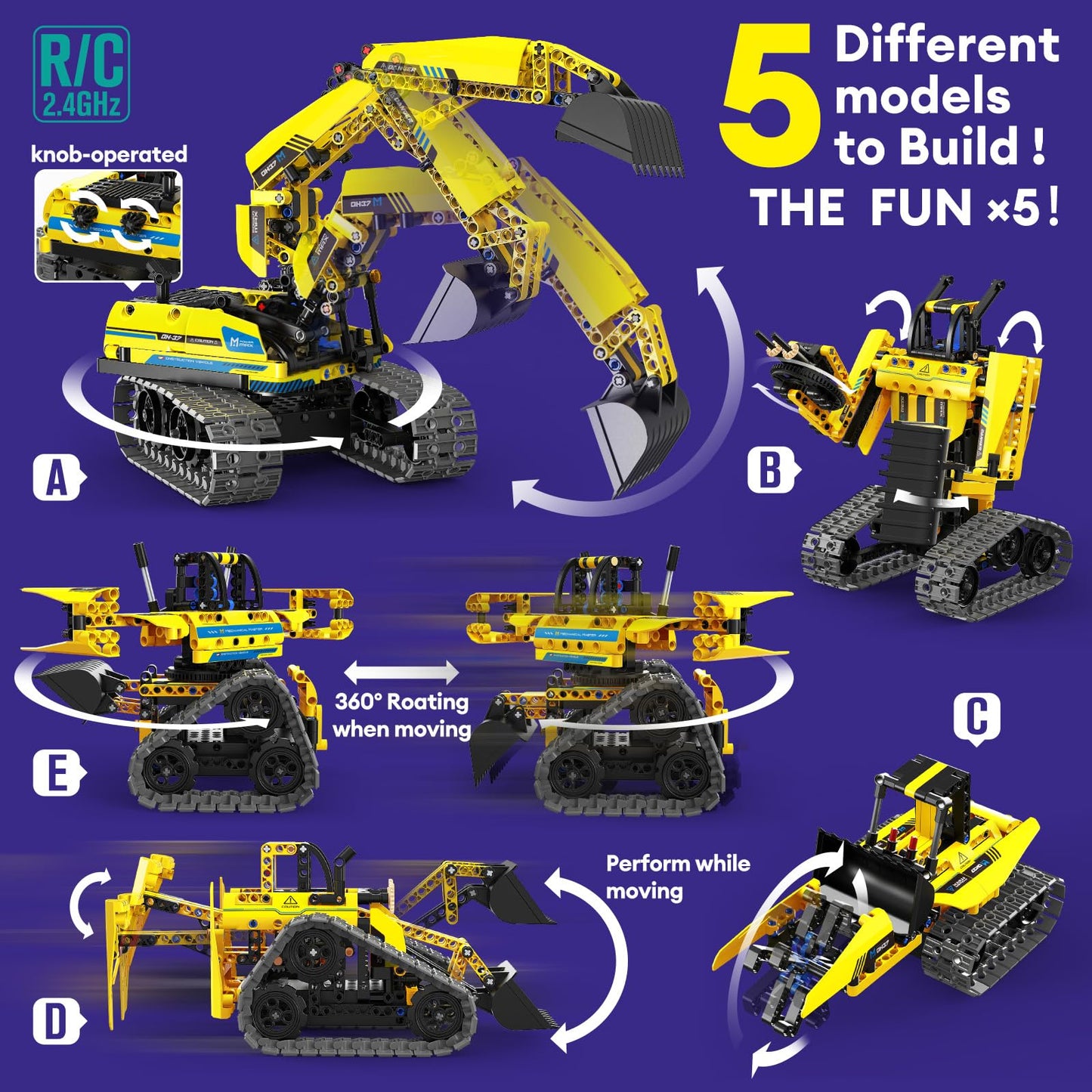 LECPOP 5-in-1 Building Toys STEM Robotics Kit — 430 PCS, RC Excavator, App & Remote Control (Ages 6–14)
