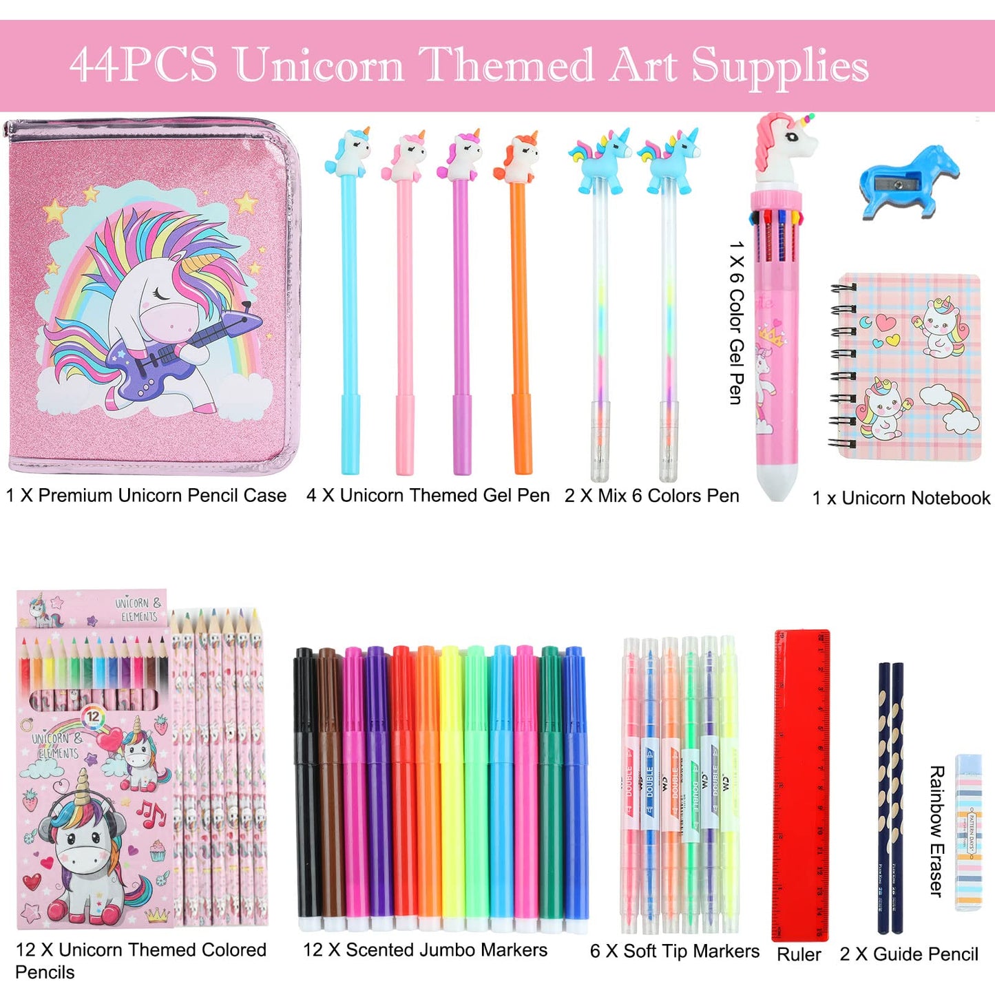 Leeche Fruit Scented Markers Set 44 Pcs with Unicorn Pencil Case – Art Supplies for Kids Ages 4-6-8