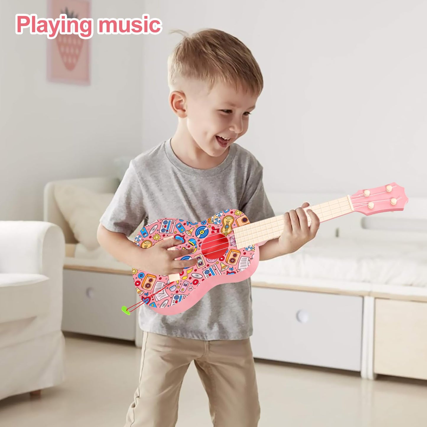 LeeQee 21in Colorful Graffiti Ukulele for Kids – 4-String Educational Toy (Pink)