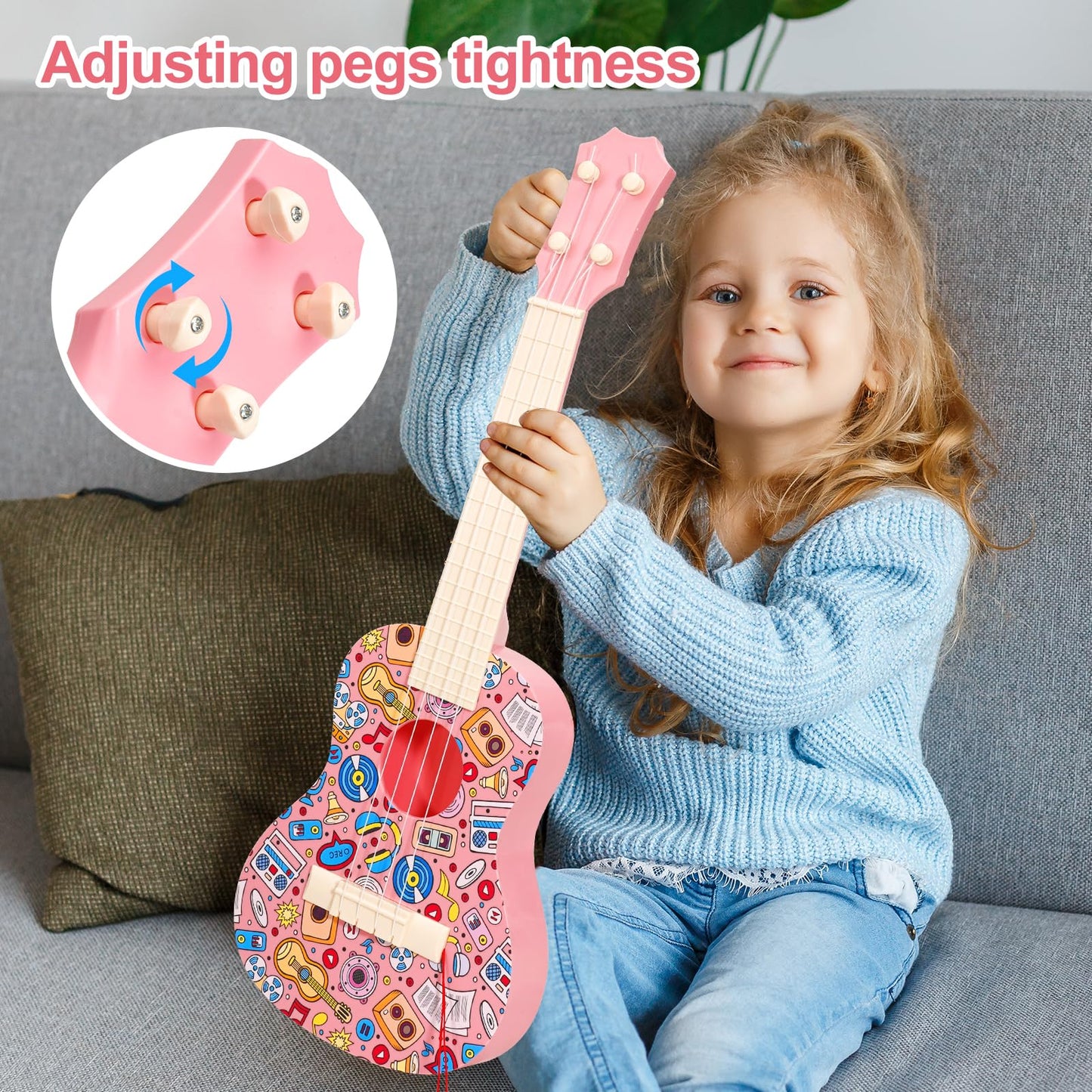 LeeQee 21in Colorful Graffiti Ukulele for Kids – 4-String Educational Toy (Pink)