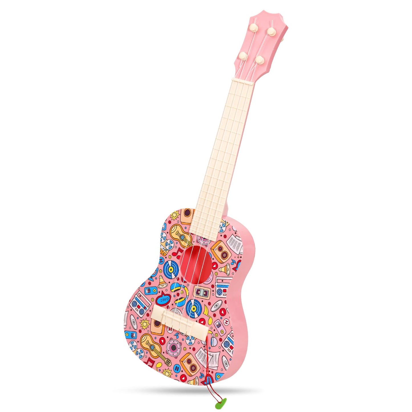 LeeQee 21in Colorful Graffiti Ukulele for Kids – 4-String Educational Toy (Pink)