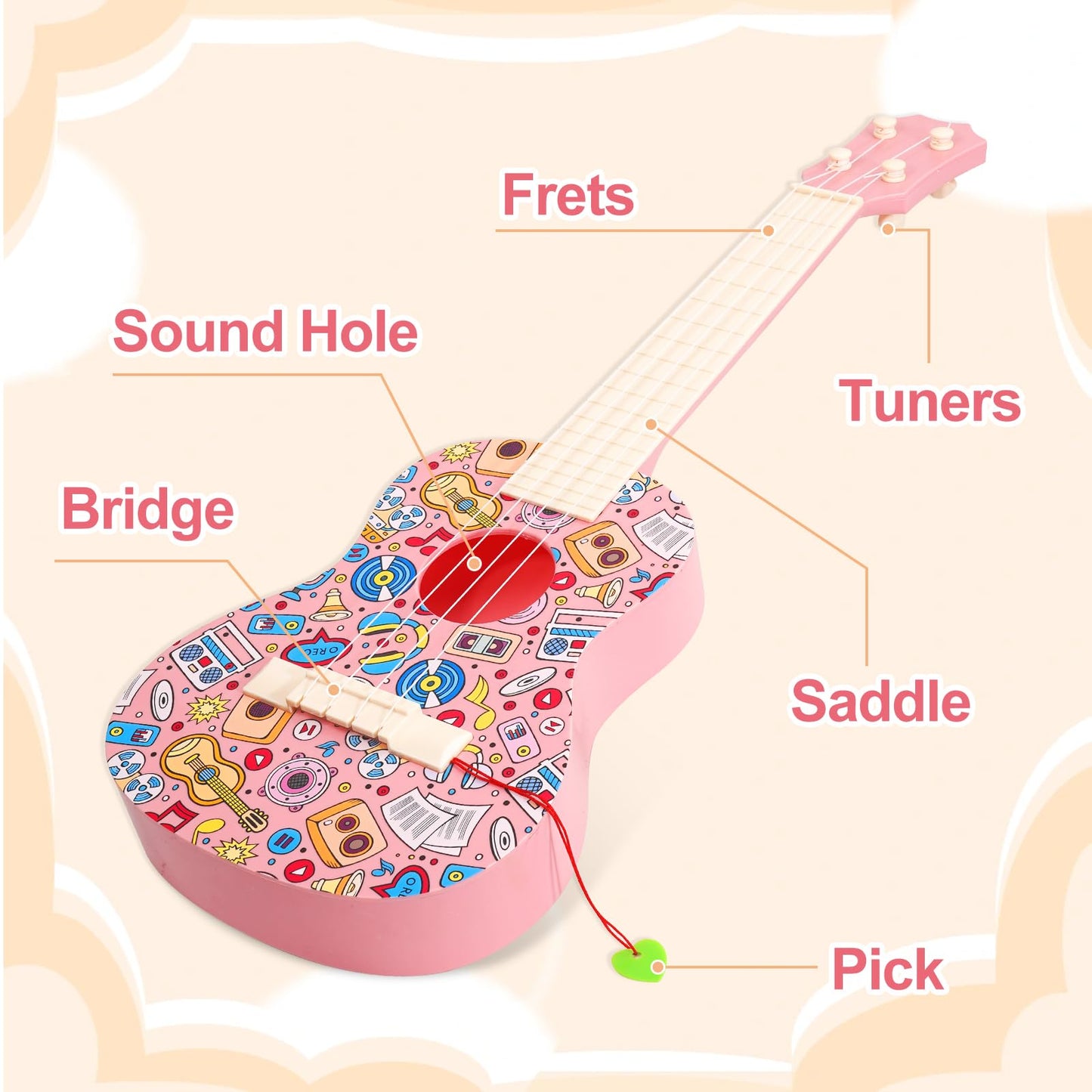 LeeQee 21in Colorful Graffiti Ukulele for Kids – 4-String Educational Toy (Pink)