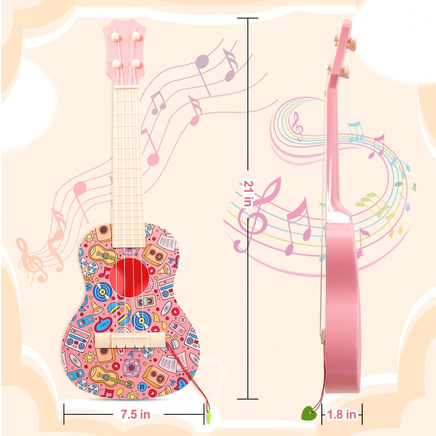 LeeQee 21in Colorful Graffiti Ukulele for Kids – 4-String Educational Toy (Pink)