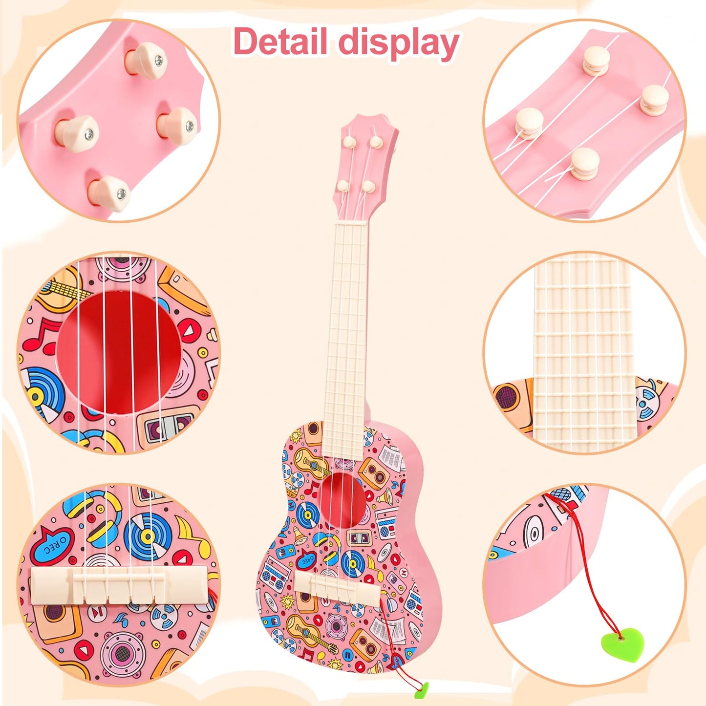LeeQee 21in Colorful Graffiti Ukulele for Kids – 4-String Educational Toy (Pink)