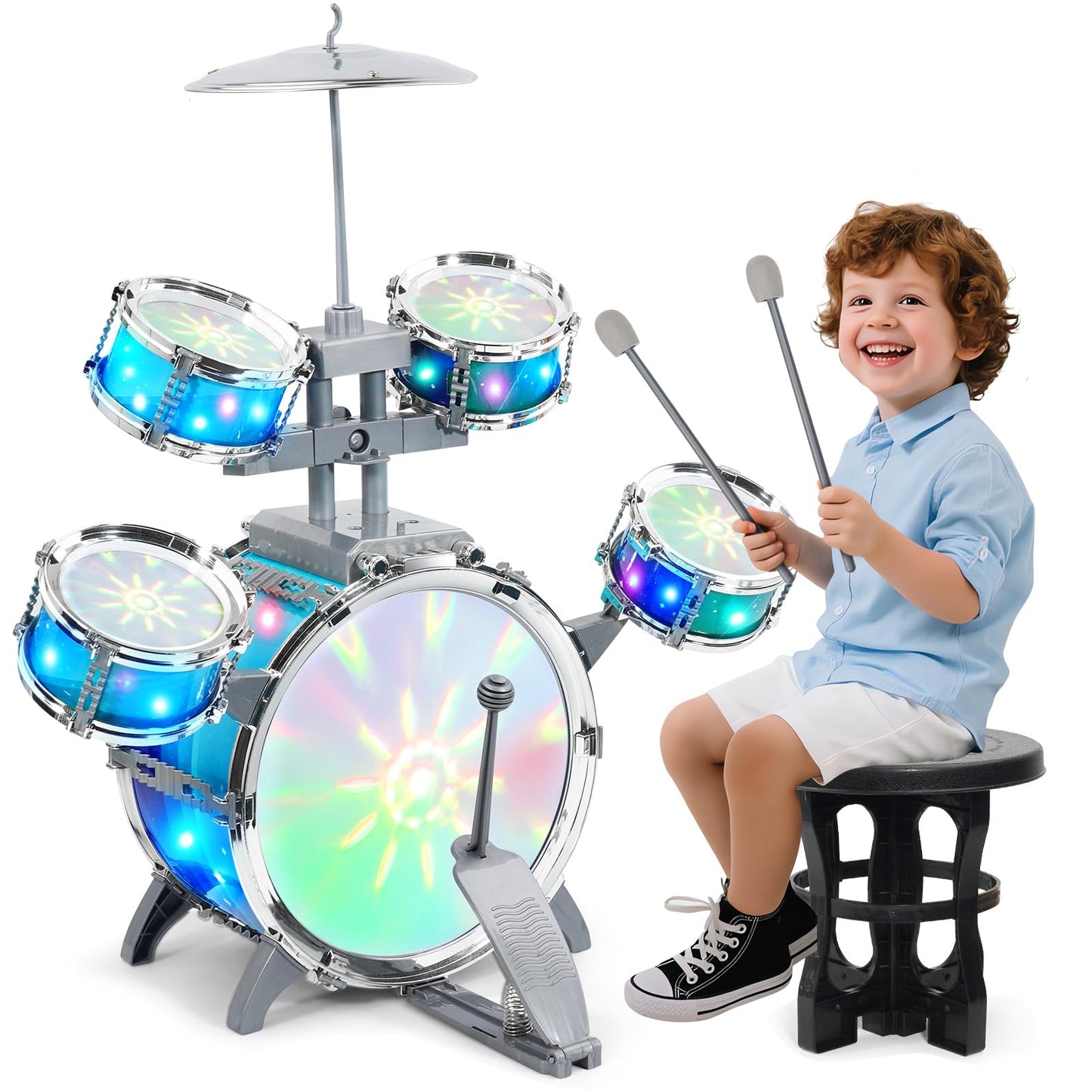 LeeQee Kids Drum Set with Aurora Lights - 5-Piece Jazz Drum Kit for Ages 1-7