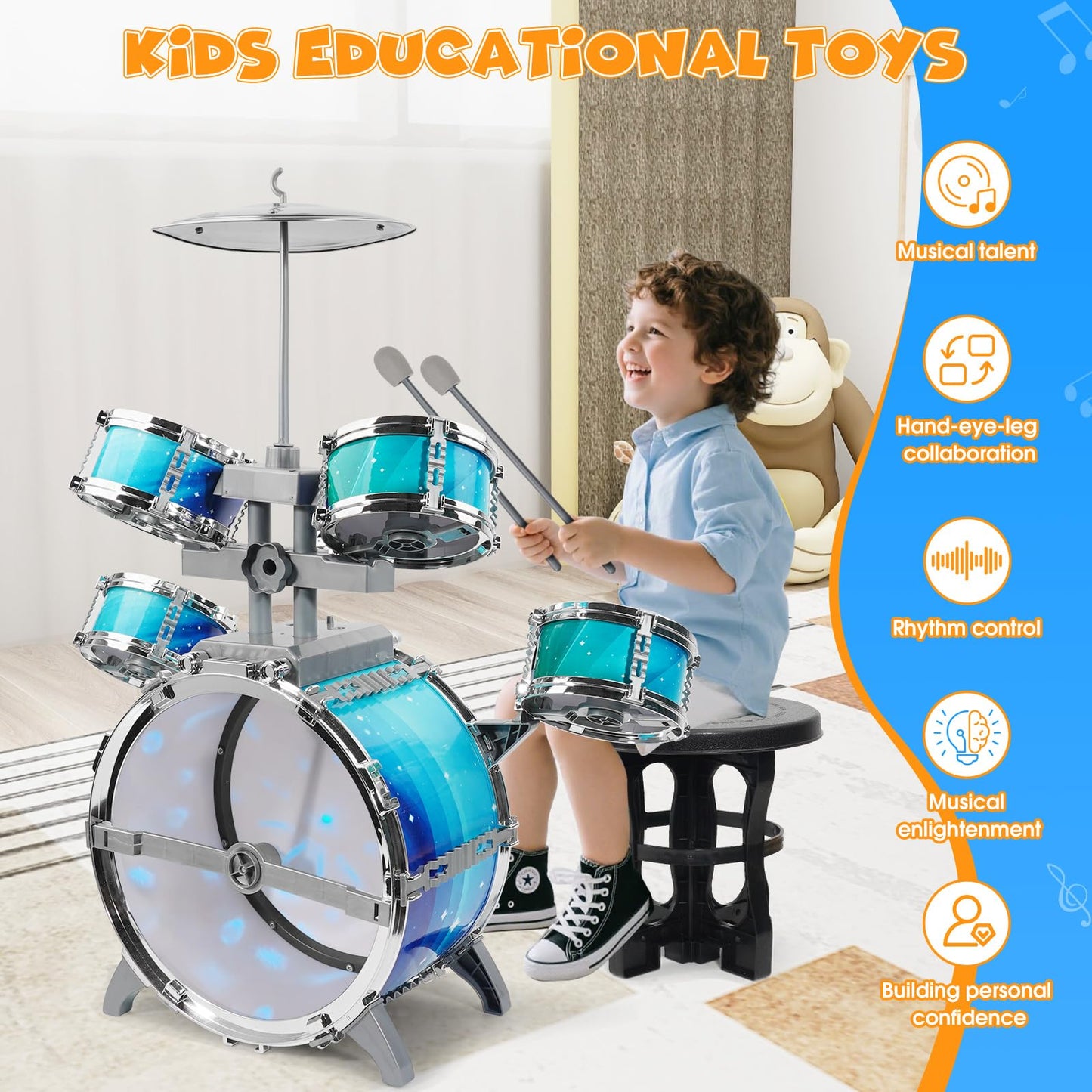 LeeQee Kids Drum Set with Aurora Lights - 5-Piece Jazz Drum Kit for Ages 1-7