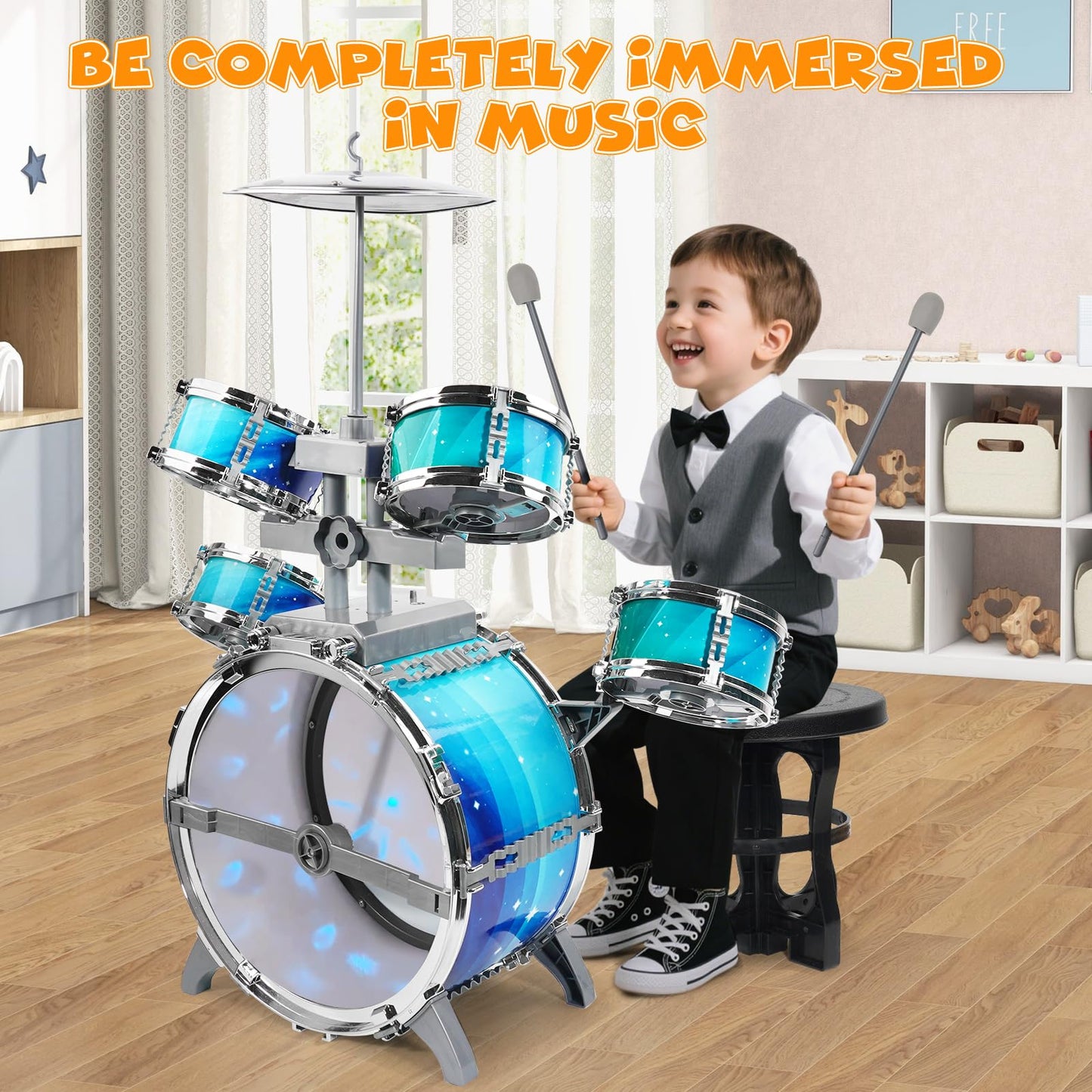 LeeQee Kids Drum Set with Aurora Lights - 5-Piece Jazz Drum Kit for Ages 1-7