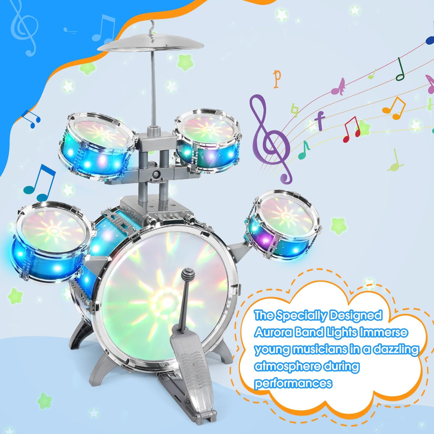 LeeQee Kids Drum Set with Aurora Lights - 5-Piece Jazz Drum Kit for Ages 1-7