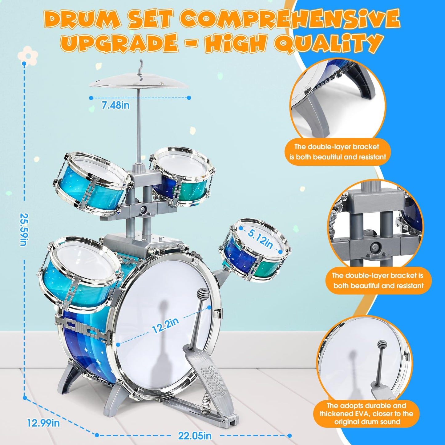 LeeQee Kids Drum Set with Aurora Lights - 5-Piece Jazz Drum Kit for Ages 1-7
