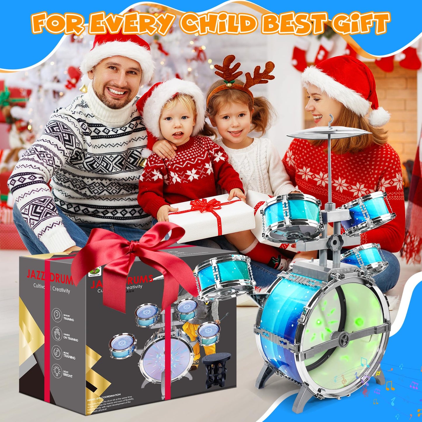 LeeQee Kids Drum Set with Aurora Lights - 5-Piece Jazz Drum Kit for Ages 1-7