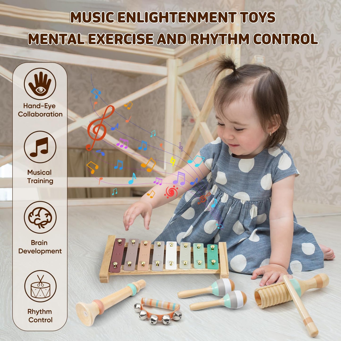 LeeQee Montessori Wooden Toys for Toddlers | Neutral Xylophone & Percussion Set