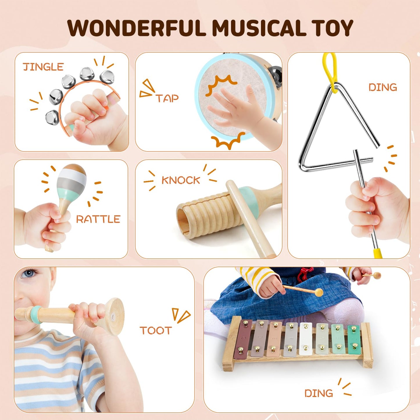 LeeQee Montessori Wooden Toys for Toddlers | Neutral Xylophone & Percussion Set