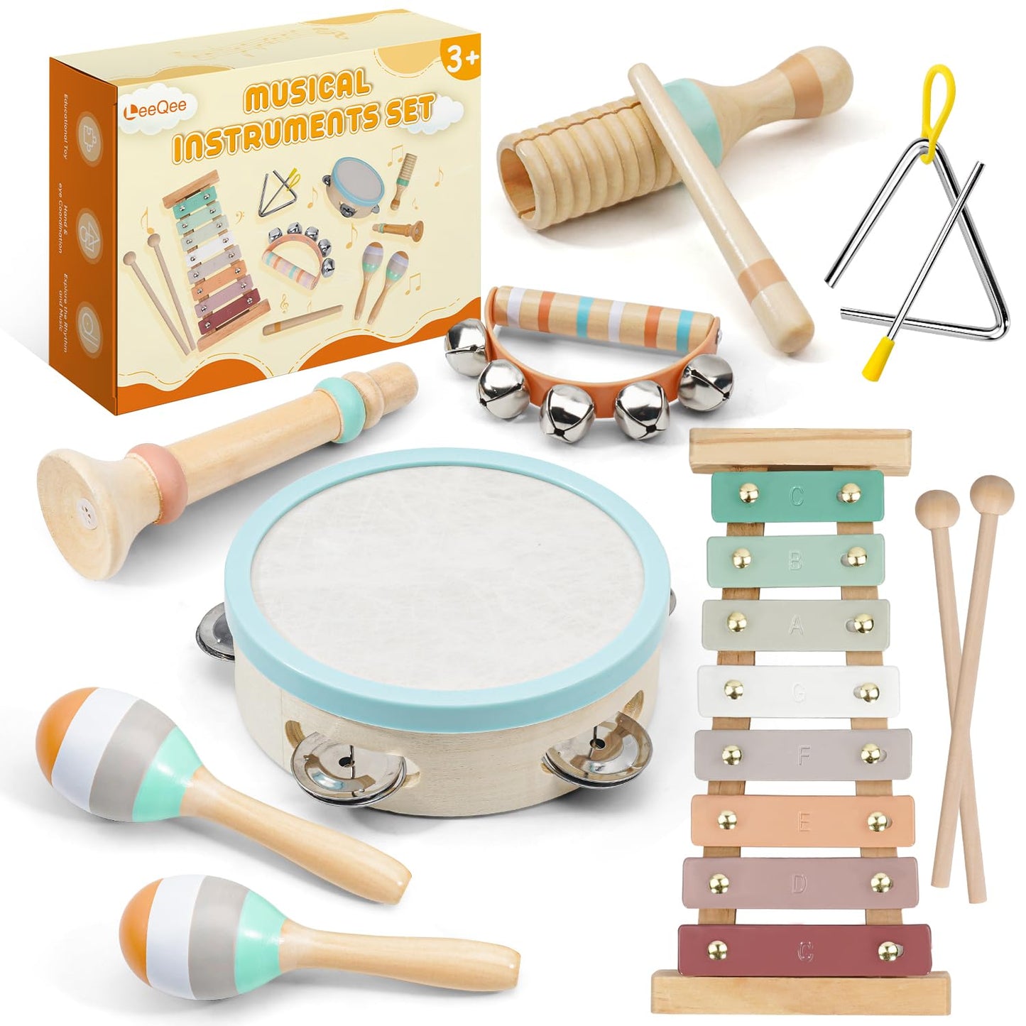 LeeQee Montessori Wooden Toys for Toddlers | Neutral Xylophone & Percussion Set