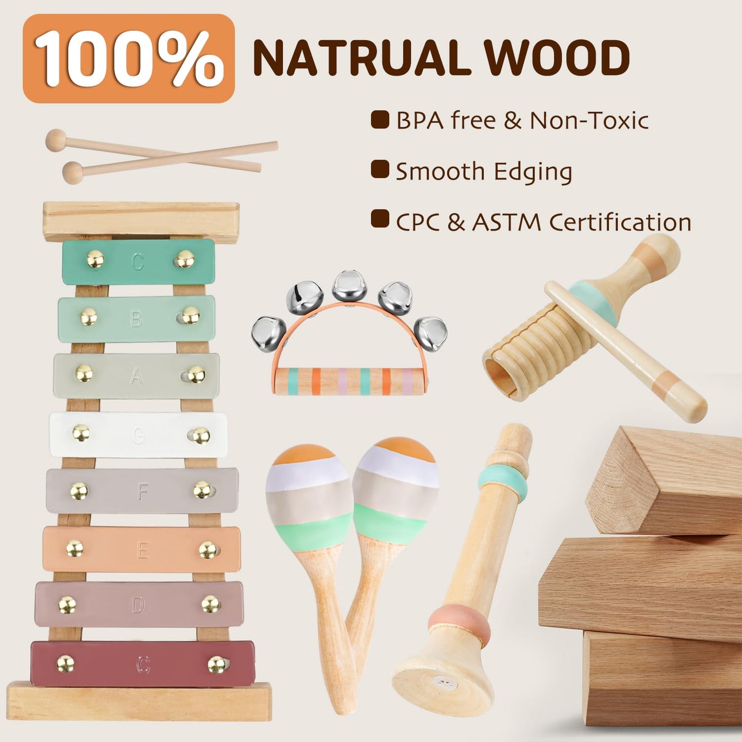 LeeQee Montessori Wooden Toys for Toddlers | Neutral Xylophone & Percussion Set
