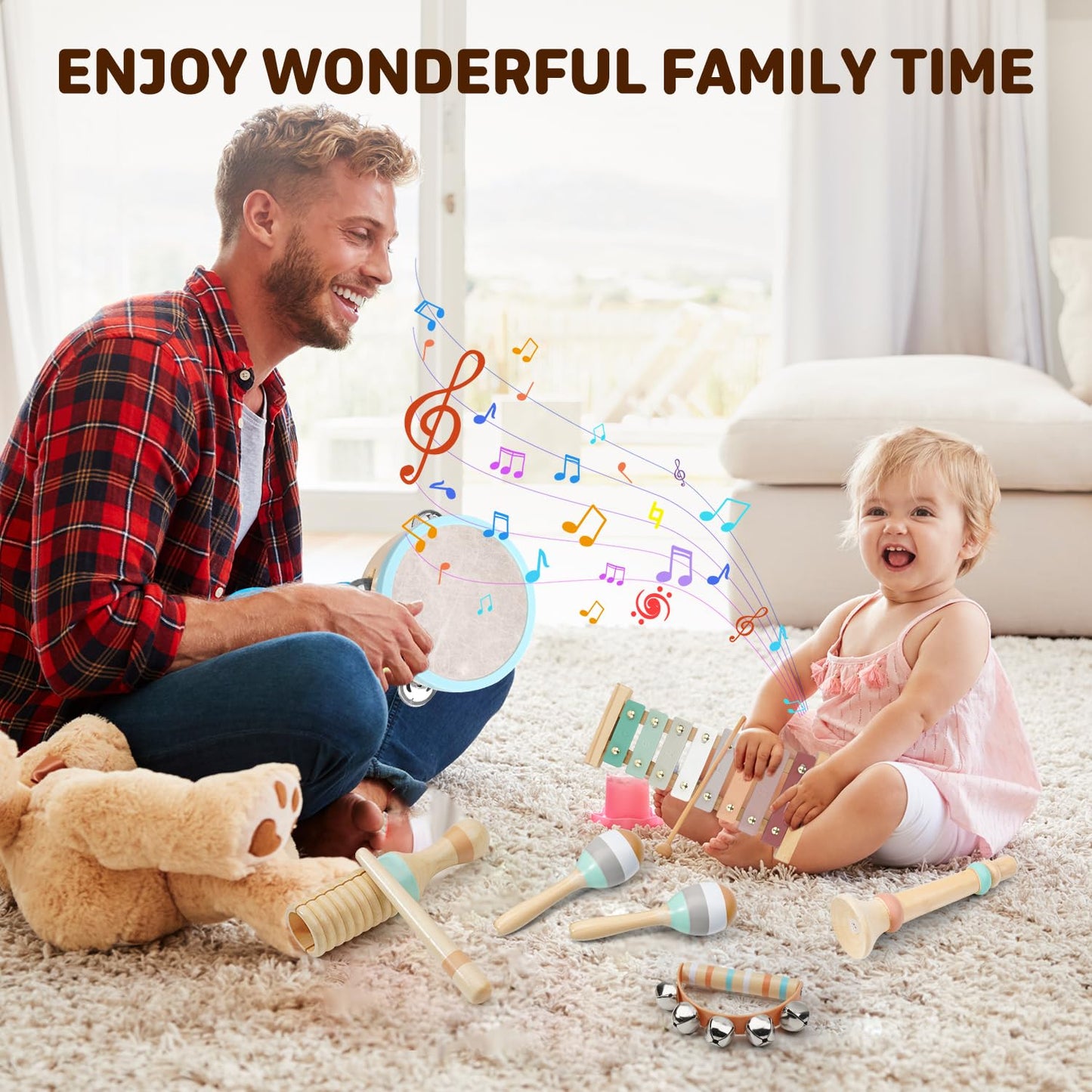 LeeQee Montessori Wooden Toys for Toddlers | Neutral Xylophone & Percussion Set