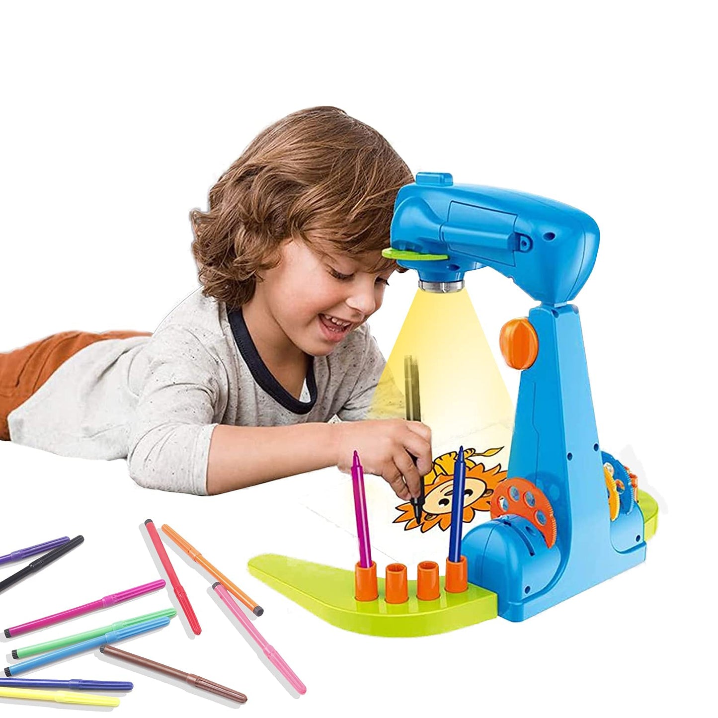 LEERFEI Kids Projection Drawing Sketcher – 32 Cartoon Patterns, 12 Color Brushes, No App Needed (Blue)
