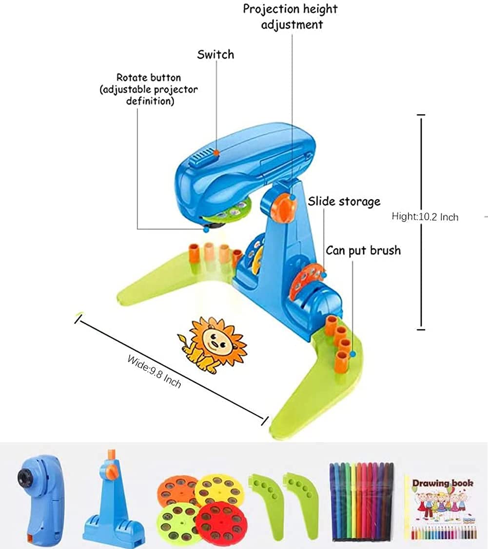 LEERFEI Kids Projection Drawing Sketcher – 32 Cartoon Patterns, 12 Color Brushes, No App Needed (Blue)