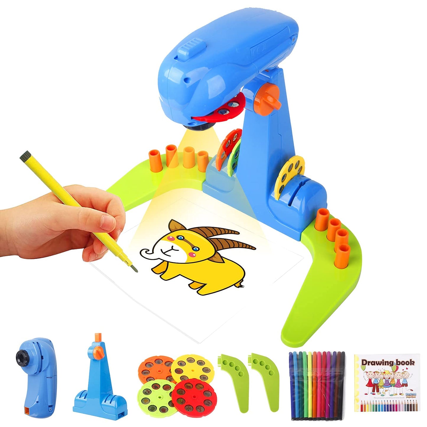 LEERFEI Kids Projection Drawing Sketcher – 32 Cartoon Patterns, 12 Color Brushes, No App Needed (Blue)