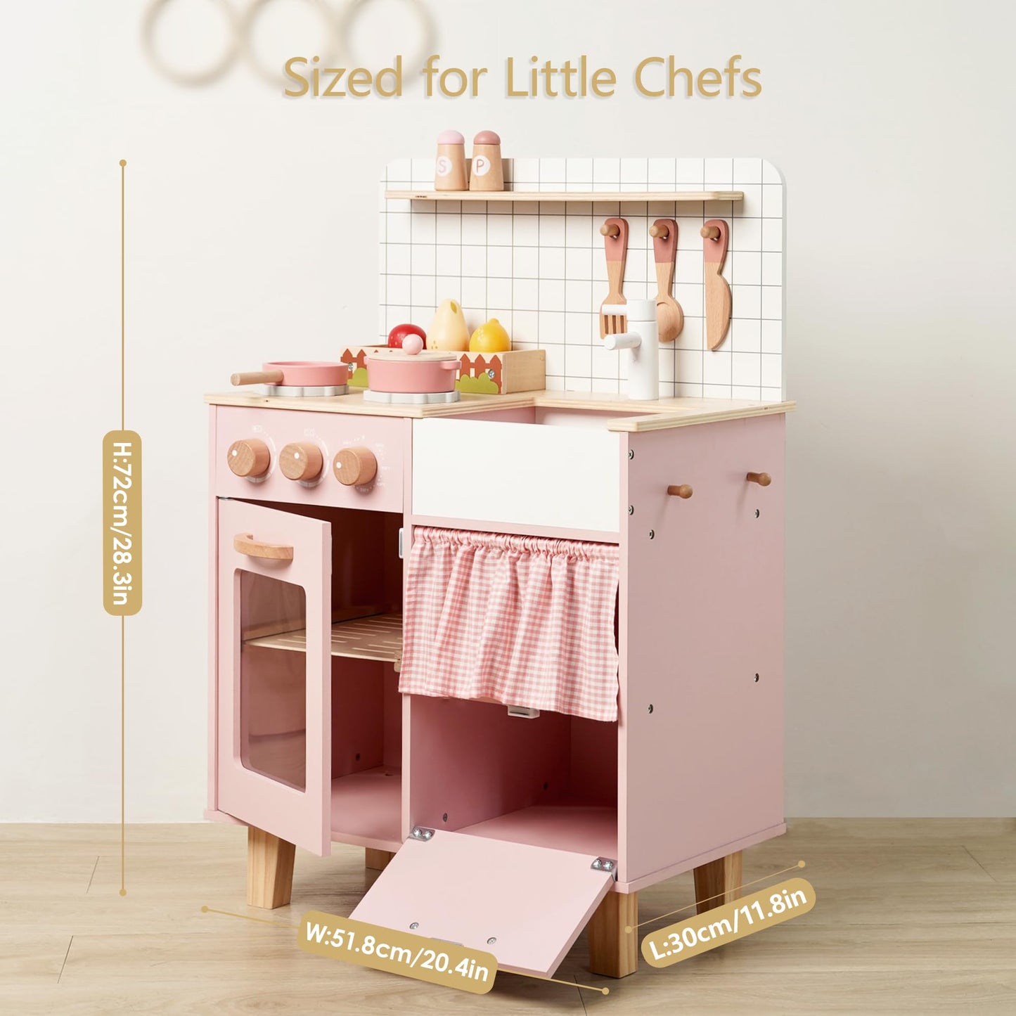 Leeshyah Pink Wooden Play Kitchen with Realistic Features – Pretend Cooking Toy for Kids 3+