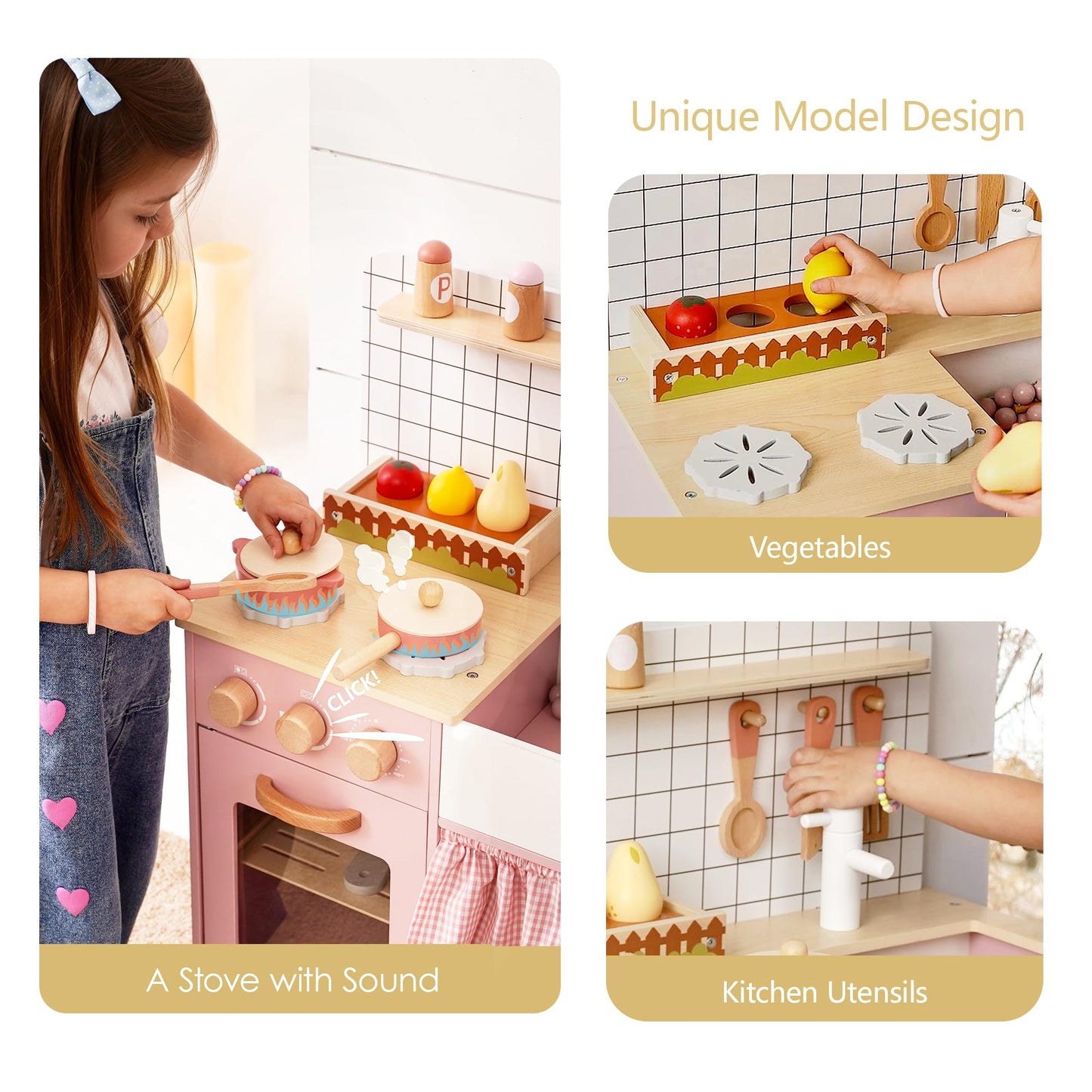 Leeshyah Pink Wooden Play Kitchen with Realistic Features – Pretend Cooking Toy for Kids 3+