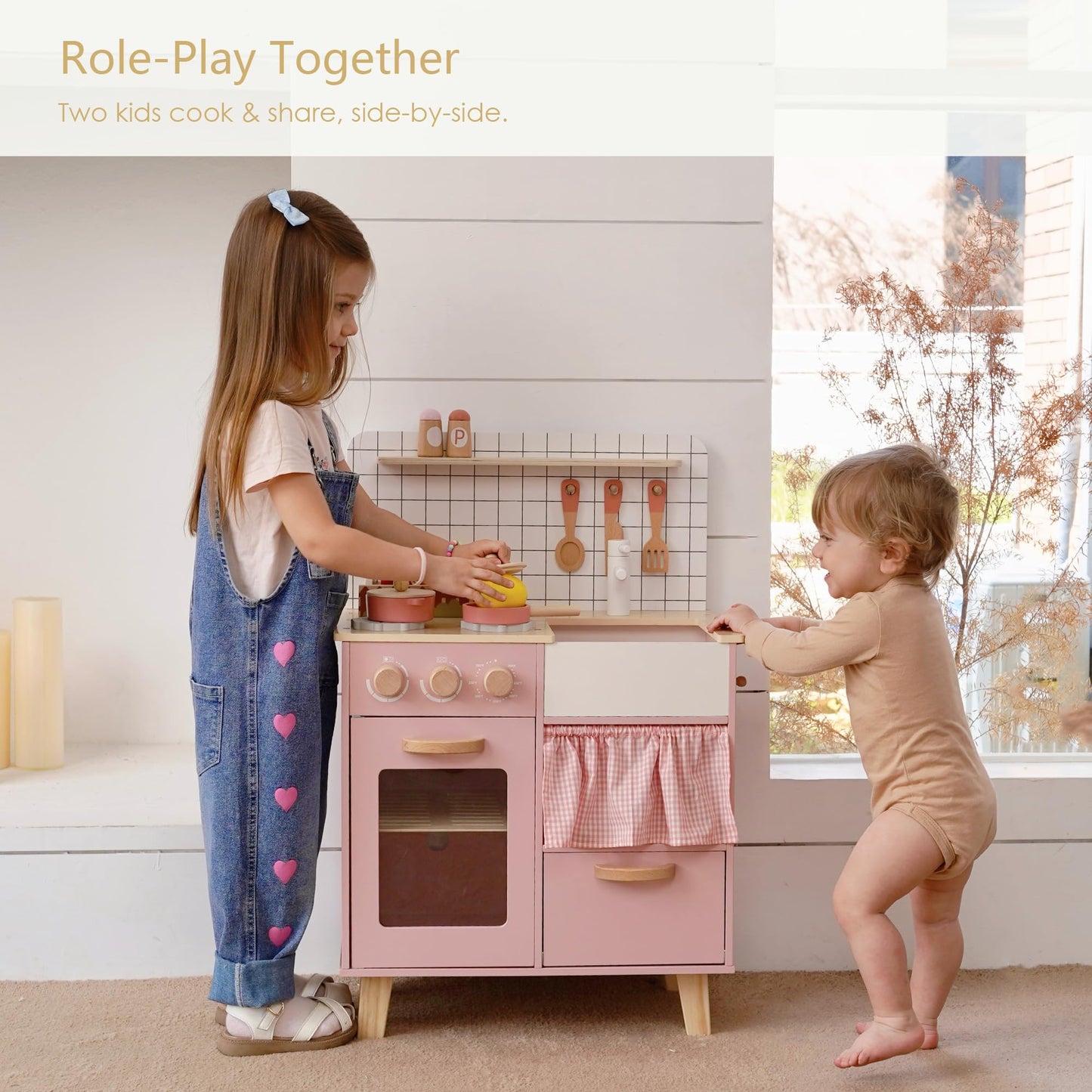 Leeshyah Pink Wooden Play Kitchen with Realistic Features – Pretend Cooking Toy for Kids 3+