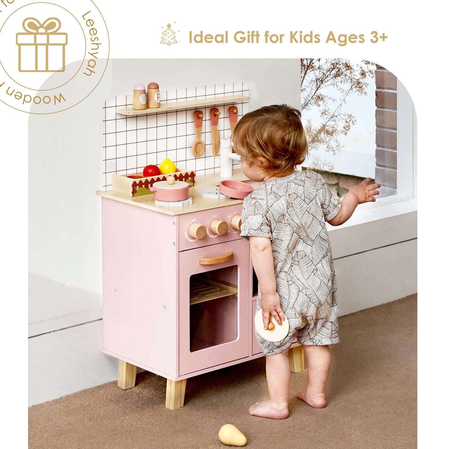 Leeshyah Pink Wooden Play Kitchen with Realistic Features – Pretend Cooking Toy for Kids 3+