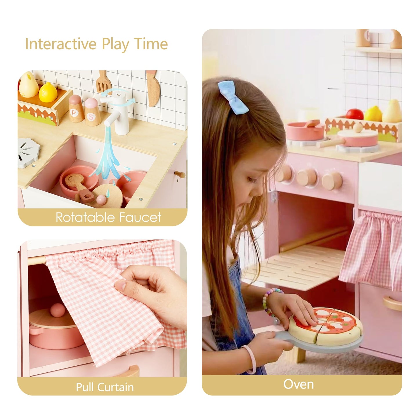 Leeshyah Pink Wooden Play Kitchen with Realistic Features – Pretend Cooking Toy for Kids 3+