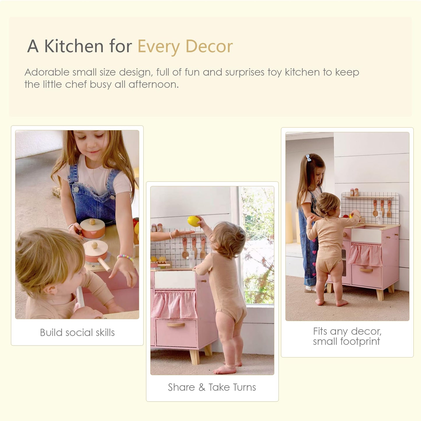 Leeshyah Pink Wooden Play Kitchen with Realistic Features – Pretend Cooking Toy for Kids 3+