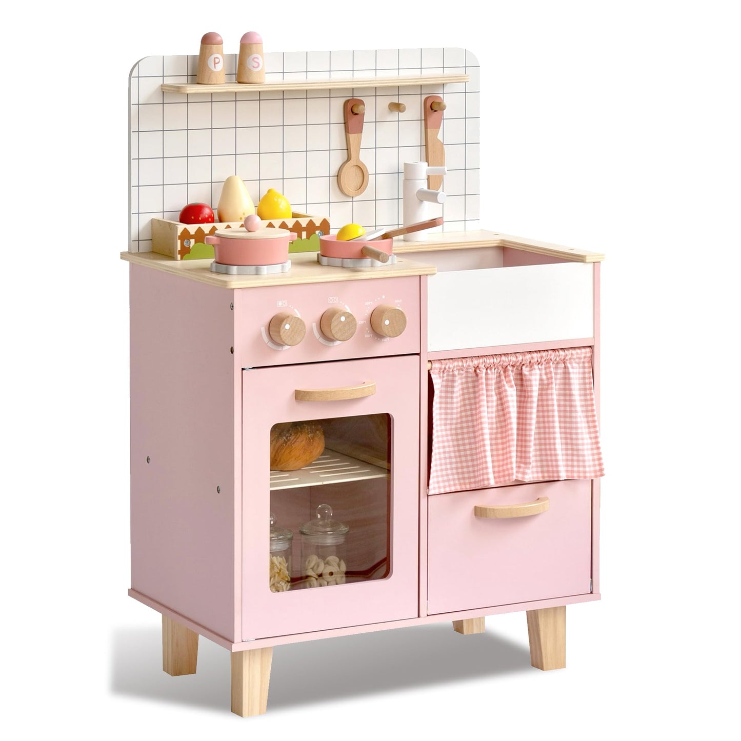 Leeshyah Pink Wooden Play Kitchen with Realistic Features – Pretend Cooking Toy for Kids 3+